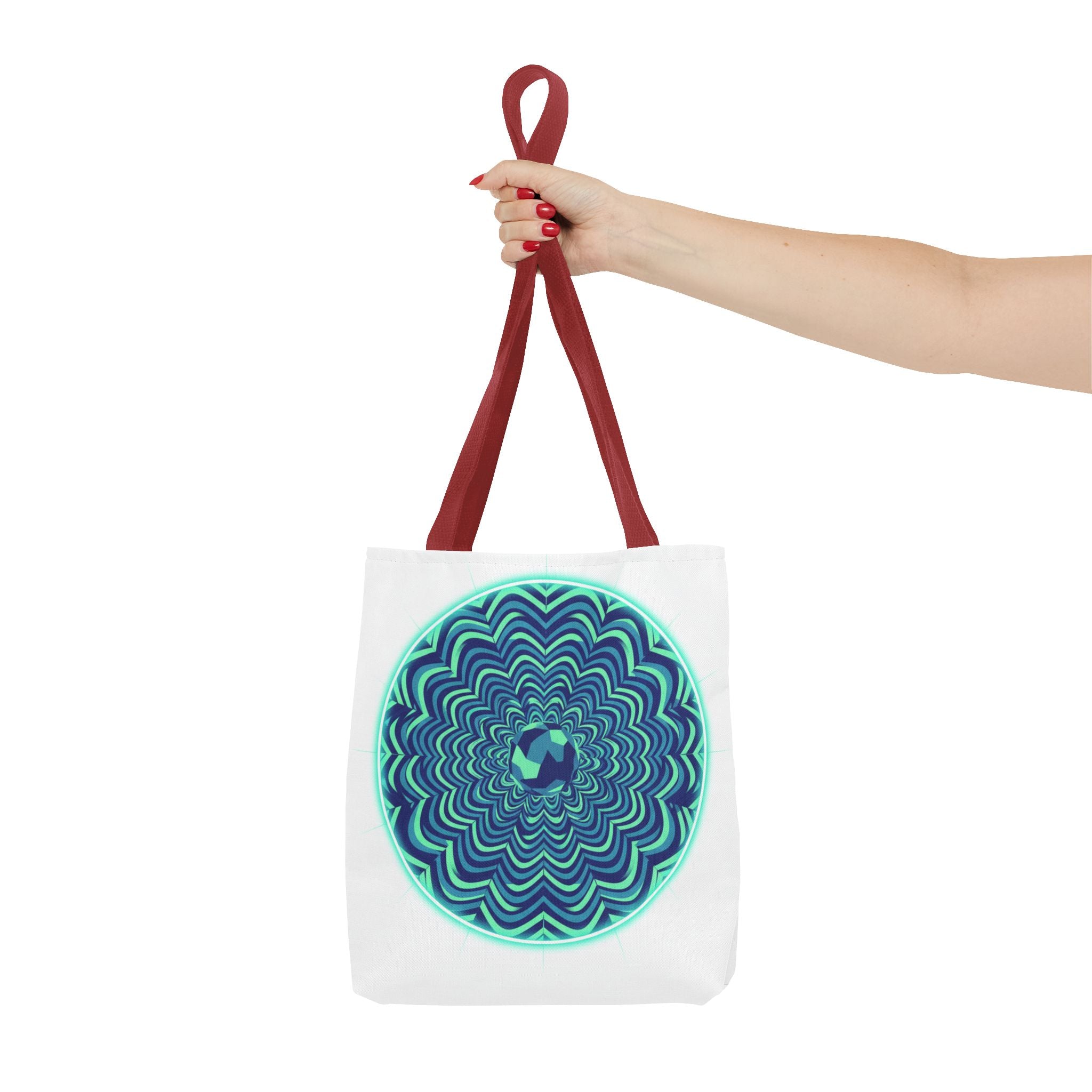 Psychedelic Mandala Tote Bag — Blue Green Optical Art All-Over Print