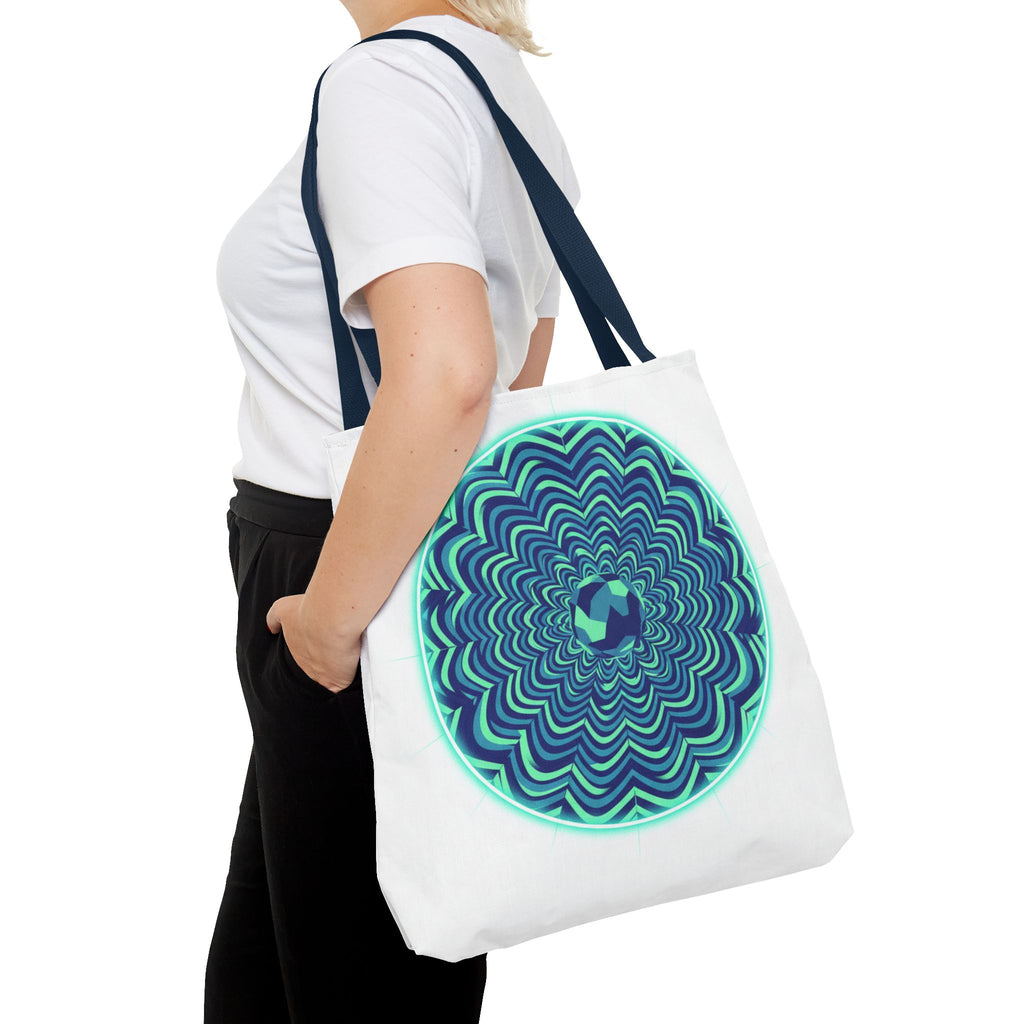 Psychedelic Mandala Tote Bag — Blue Green Optical Art All-Over Print