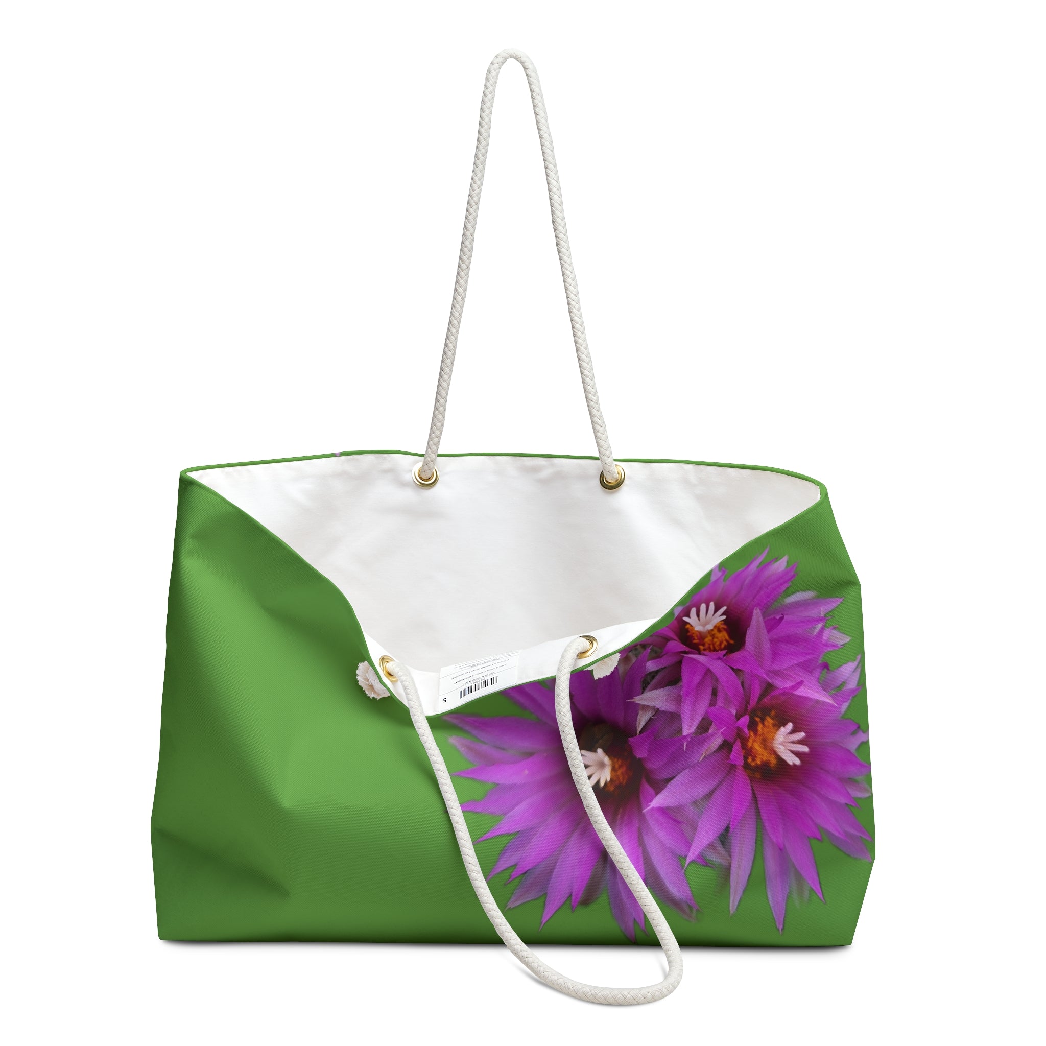 Weekender Bag — Green Tote with Vibrant Purple Flowers | Floral Beach & Travel Bag