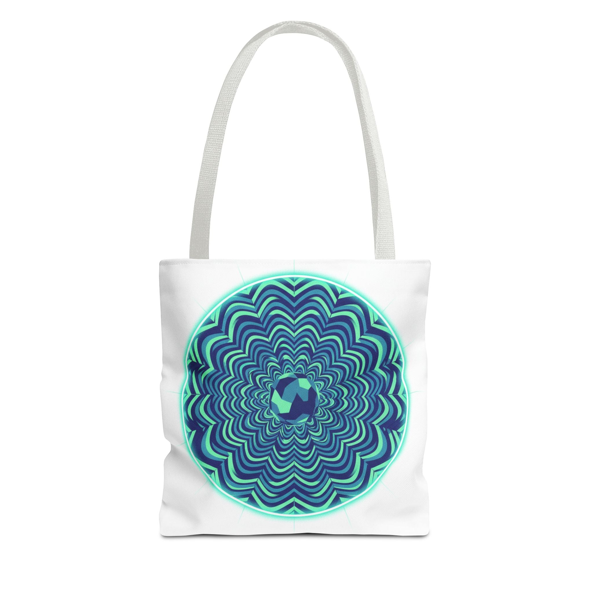 Psychedelic Mandala Tote Bag — Blue Green Optical Art All-Over Print