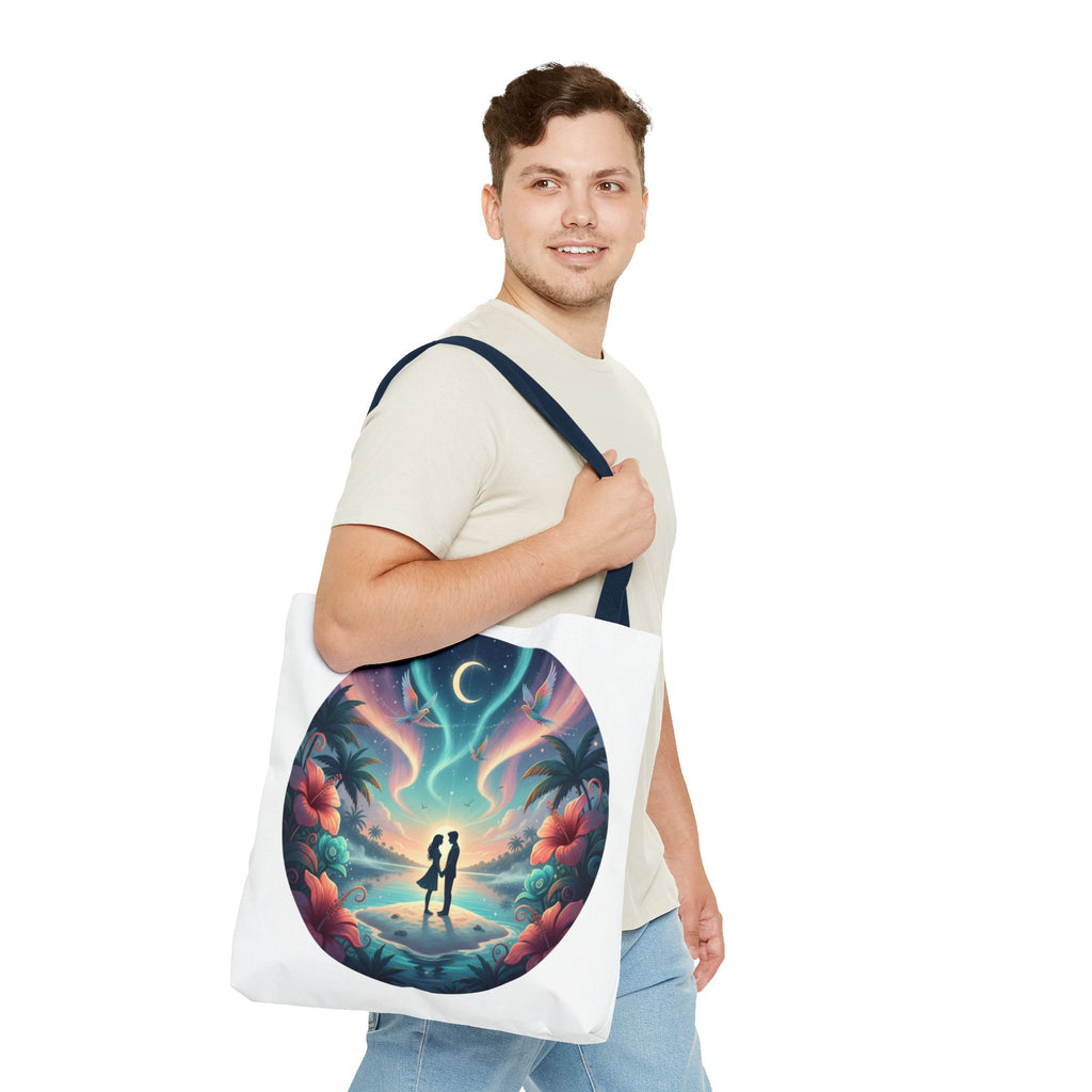 Romantic Moonlit Beach Tote Bag — Couple Silhouette Tropical Night Print