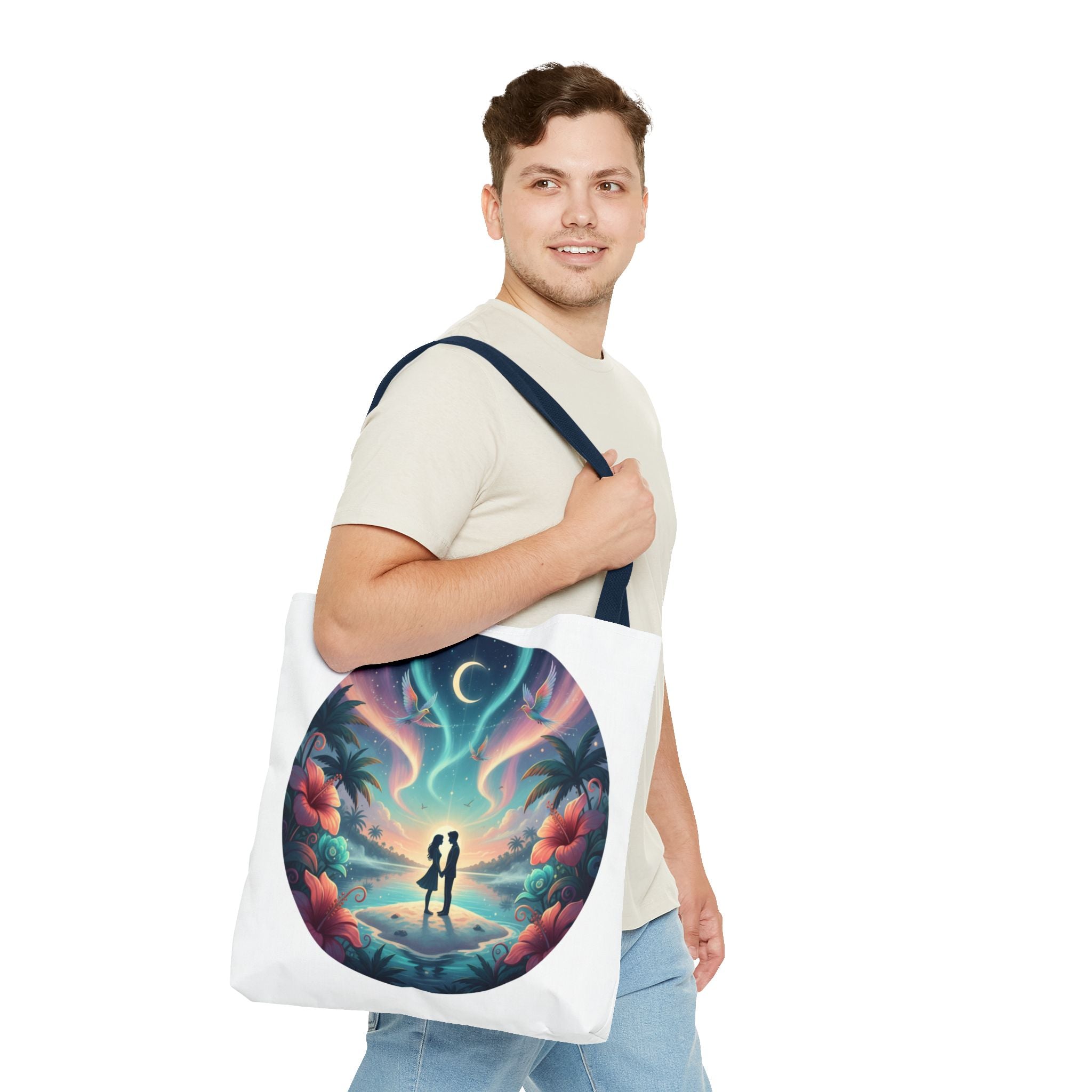 Romantic Moonlit Beach Tote Bag — Couple Silhouette Tropical Night Print