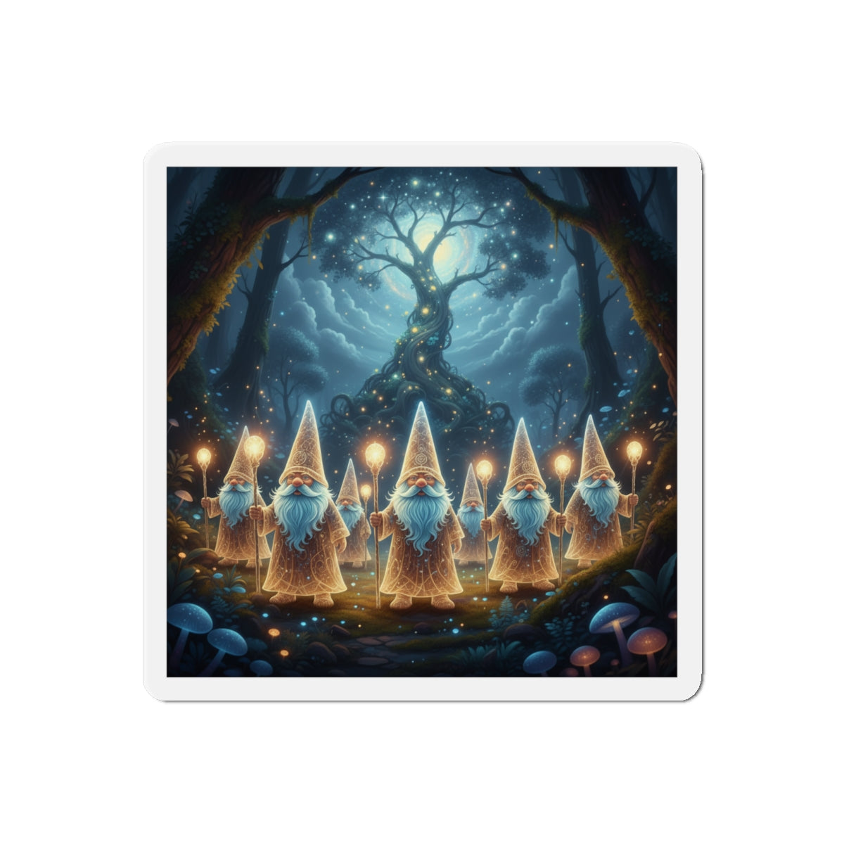 Gnome Lanterns Die-Cut Magnet — Whimsical Forest Nightscape