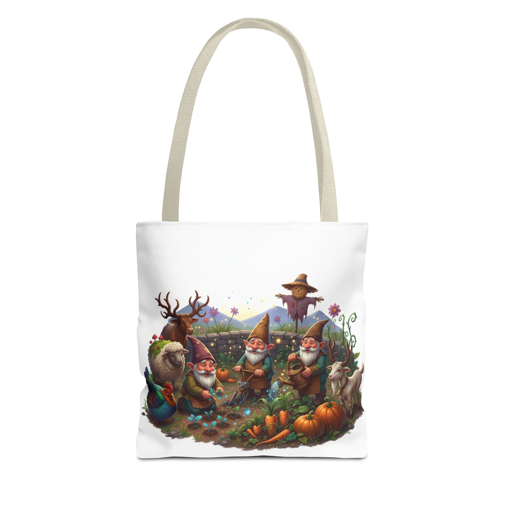 Gnome Garden Tote Bag — Whimsical Gnome & Pumpkin Illustration AOP Tote