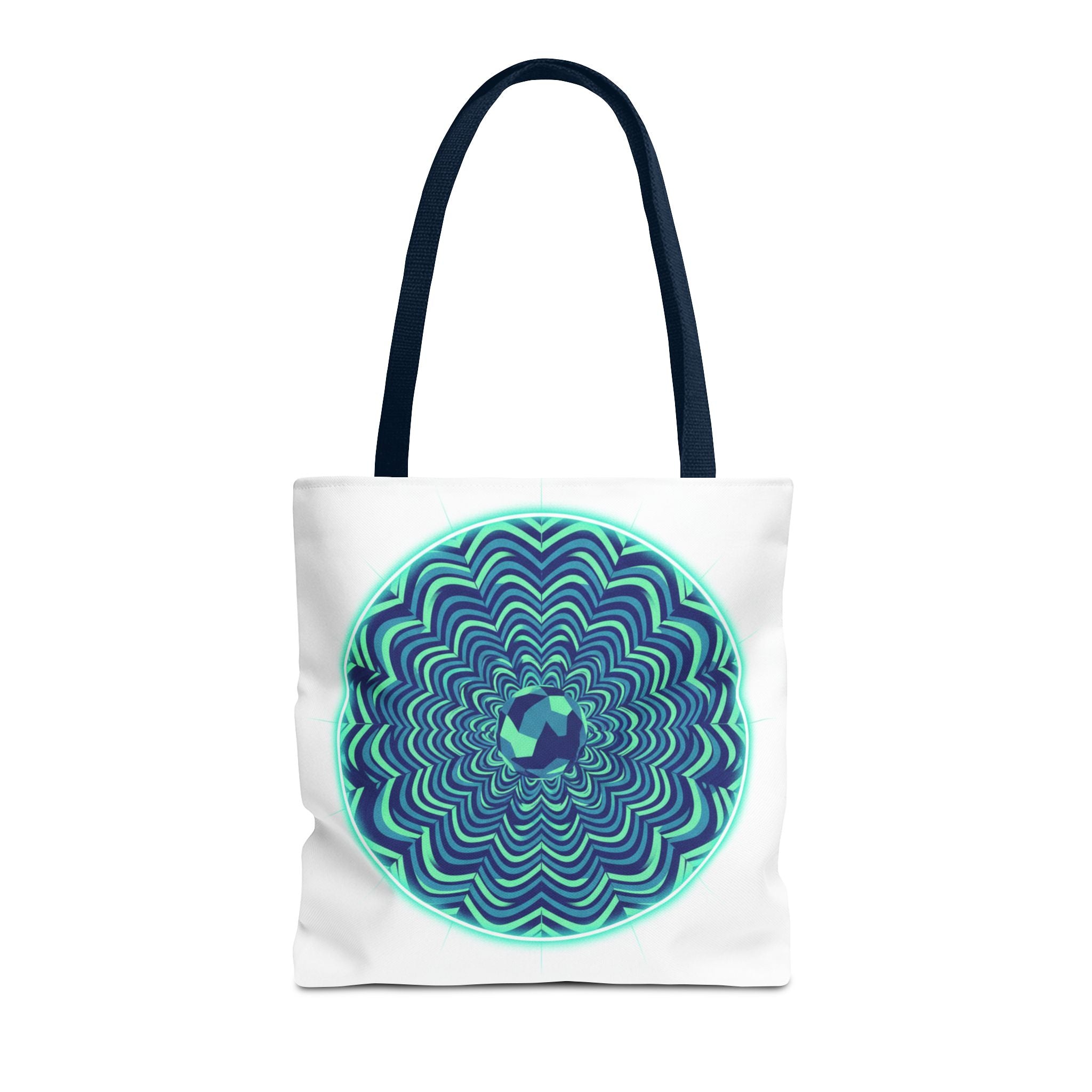 Psychedelic Mandala Tote Bag — Blue Green Optical Art All-Over Print