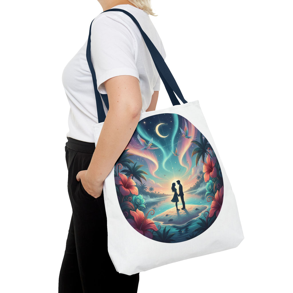 Romantic Moonlit Beach Tote Bag — Couple Silhouette Tropical Night Print