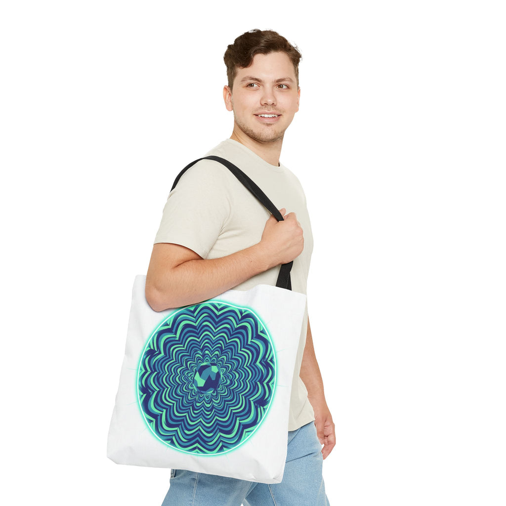 Psychedelic Mandala Tote Bag — Blue Green Optical Art All-Over Print