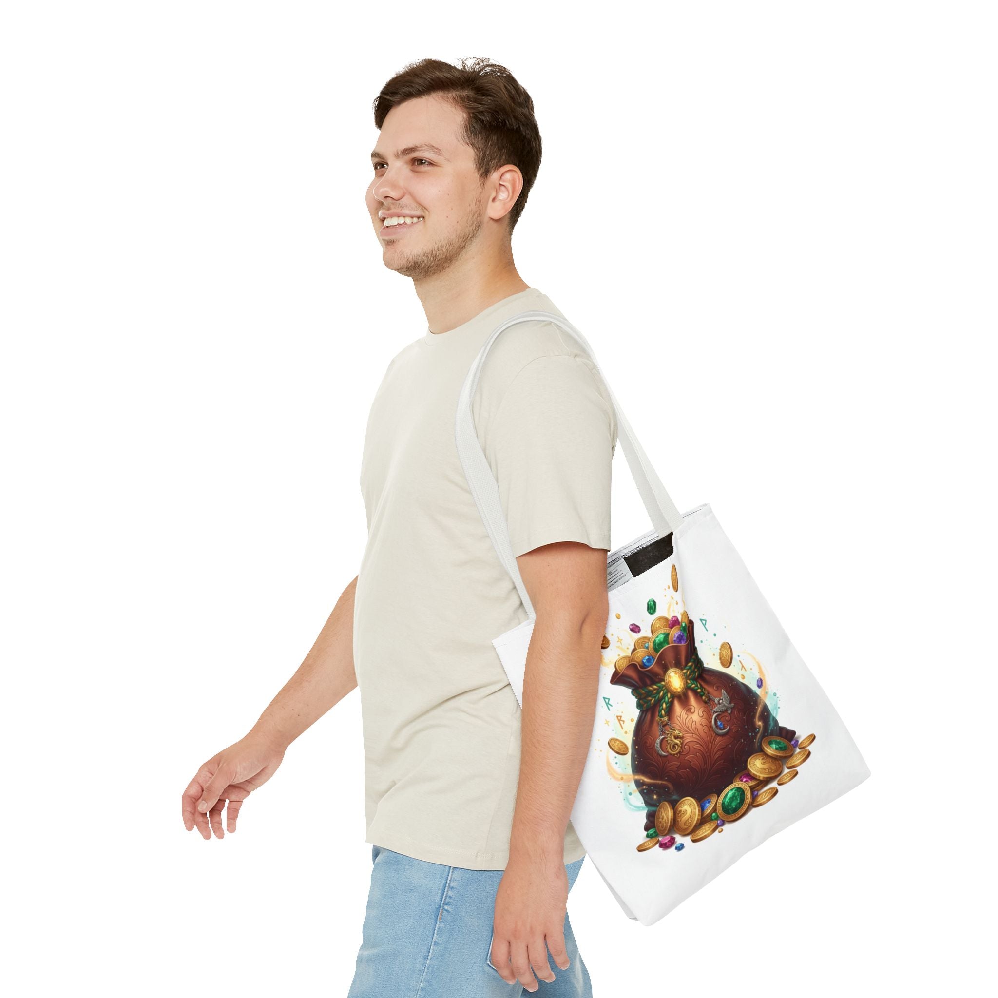 Treasure Pouch Tote Bag — Colorful Gem & Gold Coin All-Over Print Tote