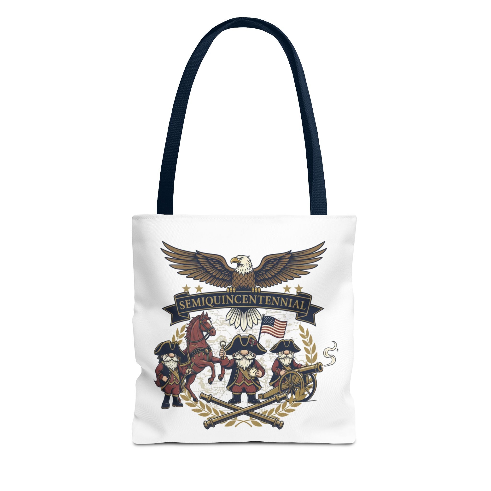 Semiquincentennial Patriotic Tote Bag — Eagle, Colonial Soldiers & Flags All-Over Print