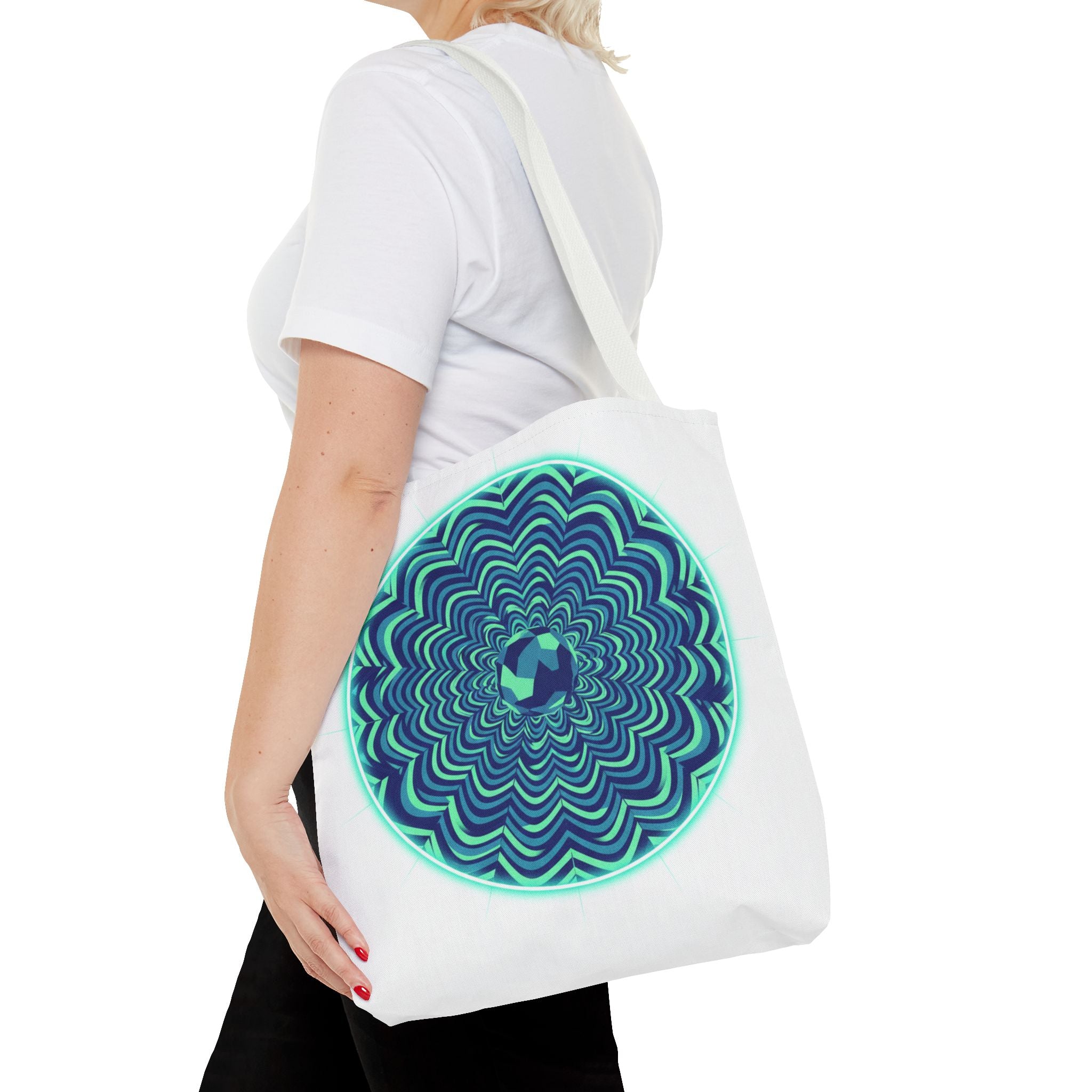 Psychedelic Mandala Tote Bag — Blue Green Optical Art All-Over Print