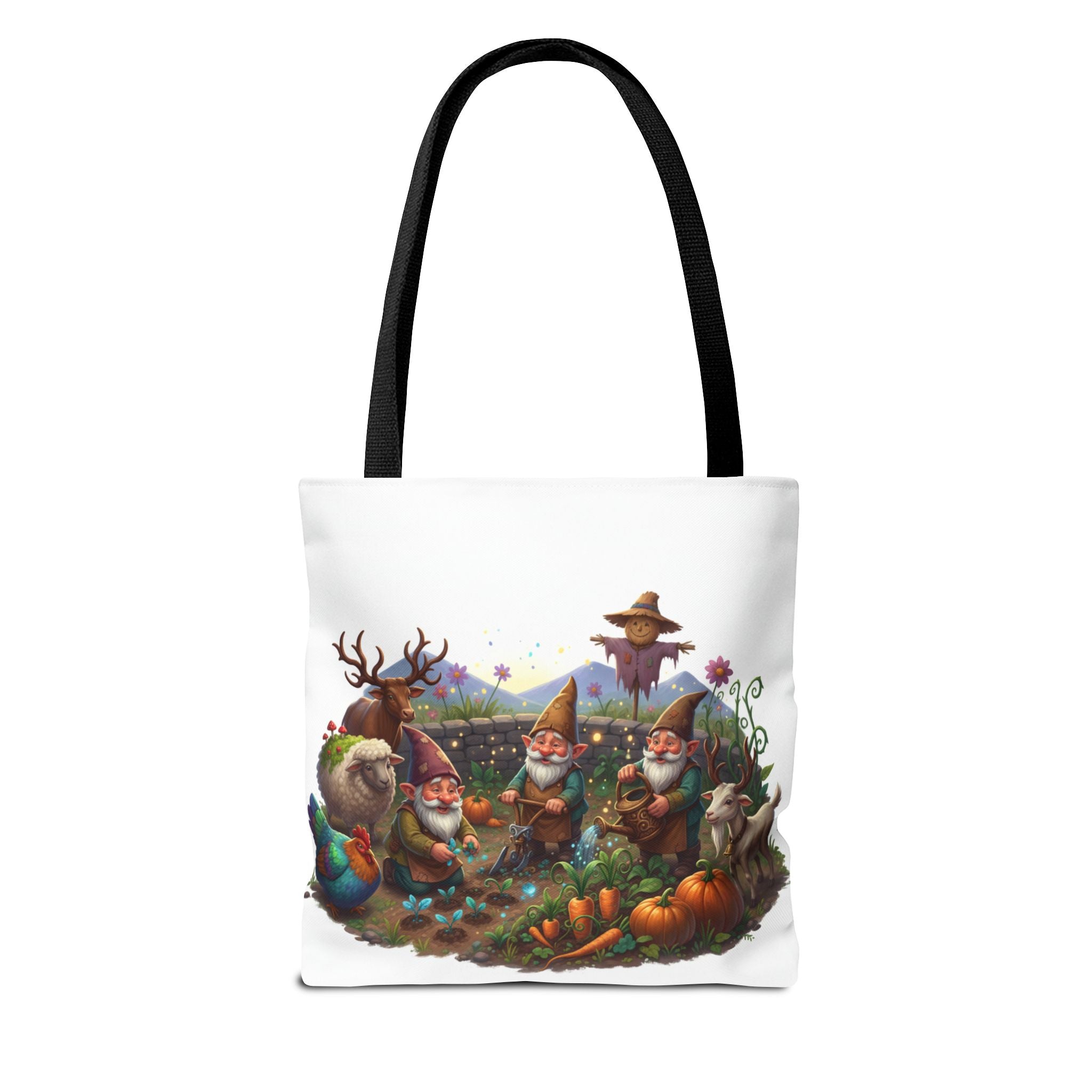 Gnome Garden Tote Bag — Whimsical Gnome & Pumpkin Illustration AOP Tote