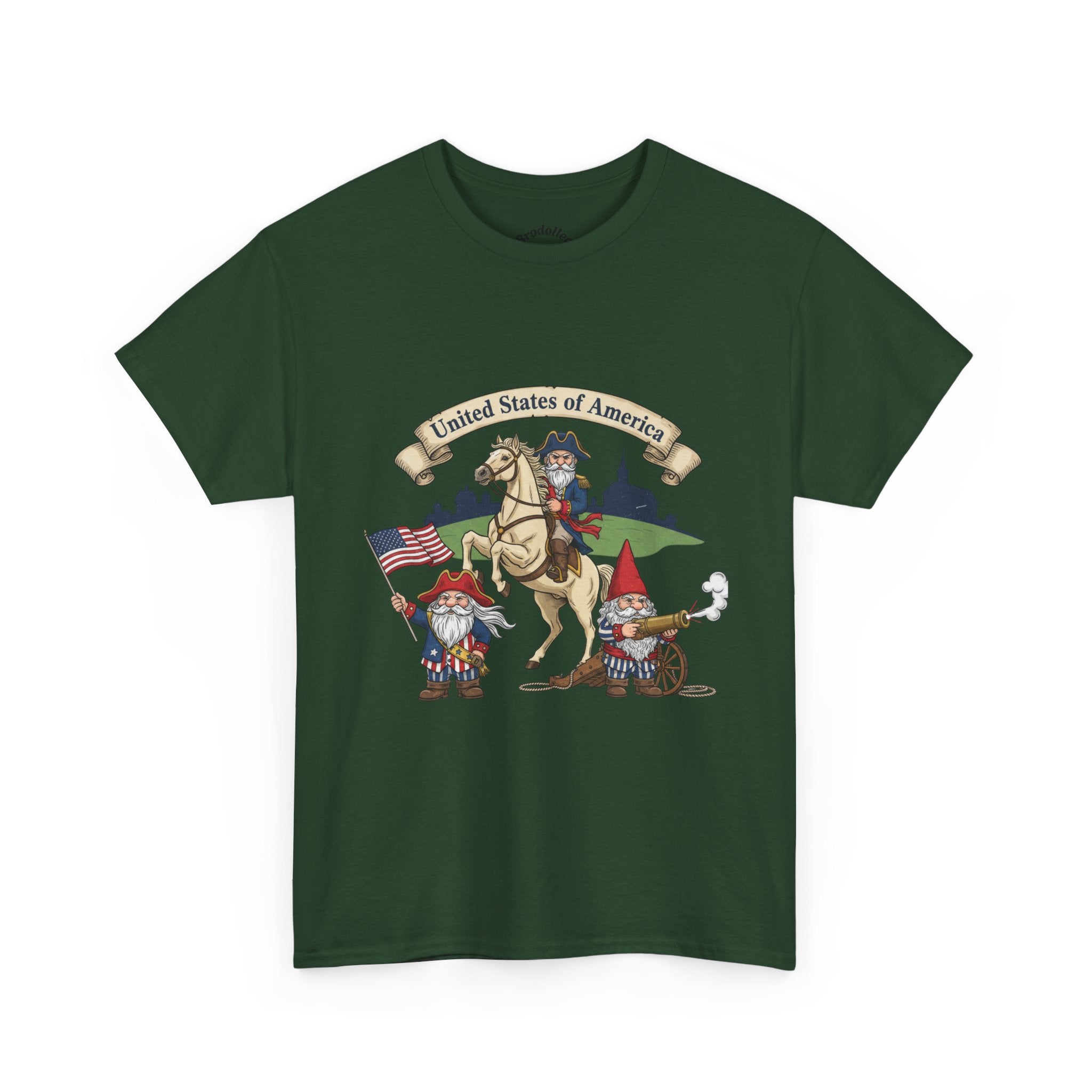 Patriotic Gnome & Horse Tee — "United States of America" Graphic T-Shirt
