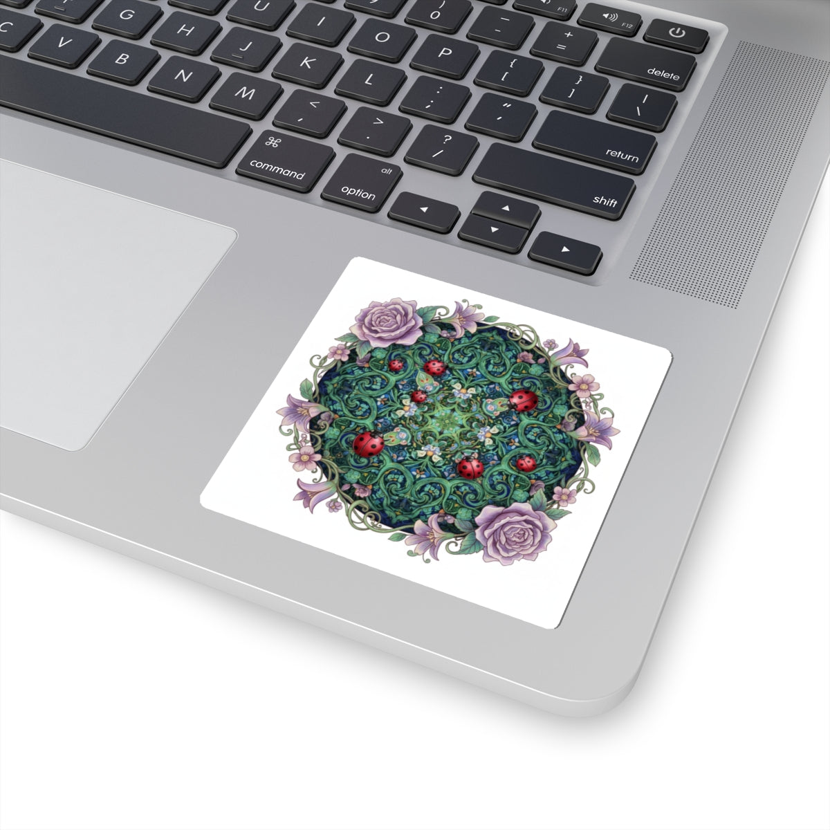 Floral Ladybug Mandala Sticker — Decorative Kiss-Cut Vinyl Sticker