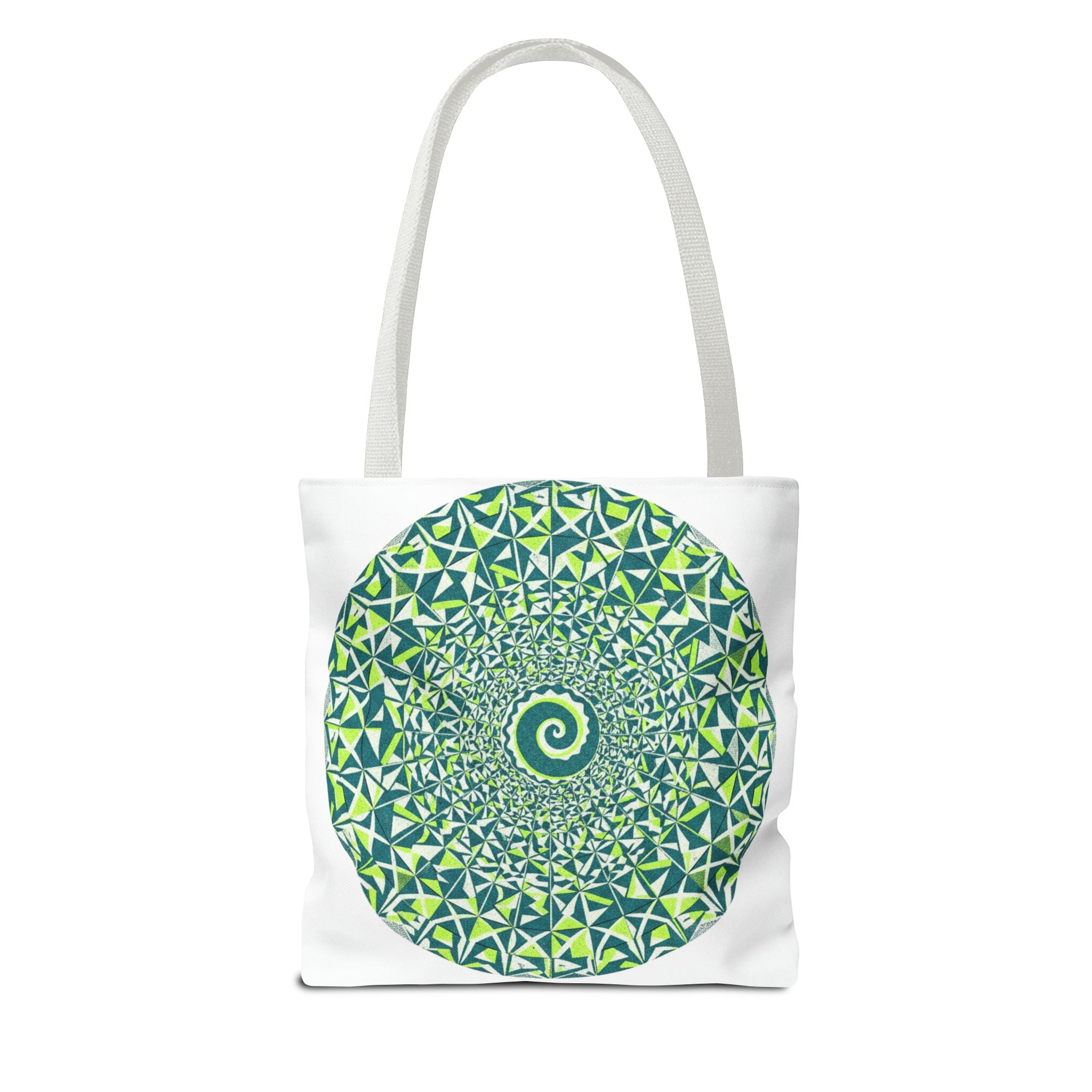 Spiral Mandala Tote Bag — Green Geometric All-Over Print Tote