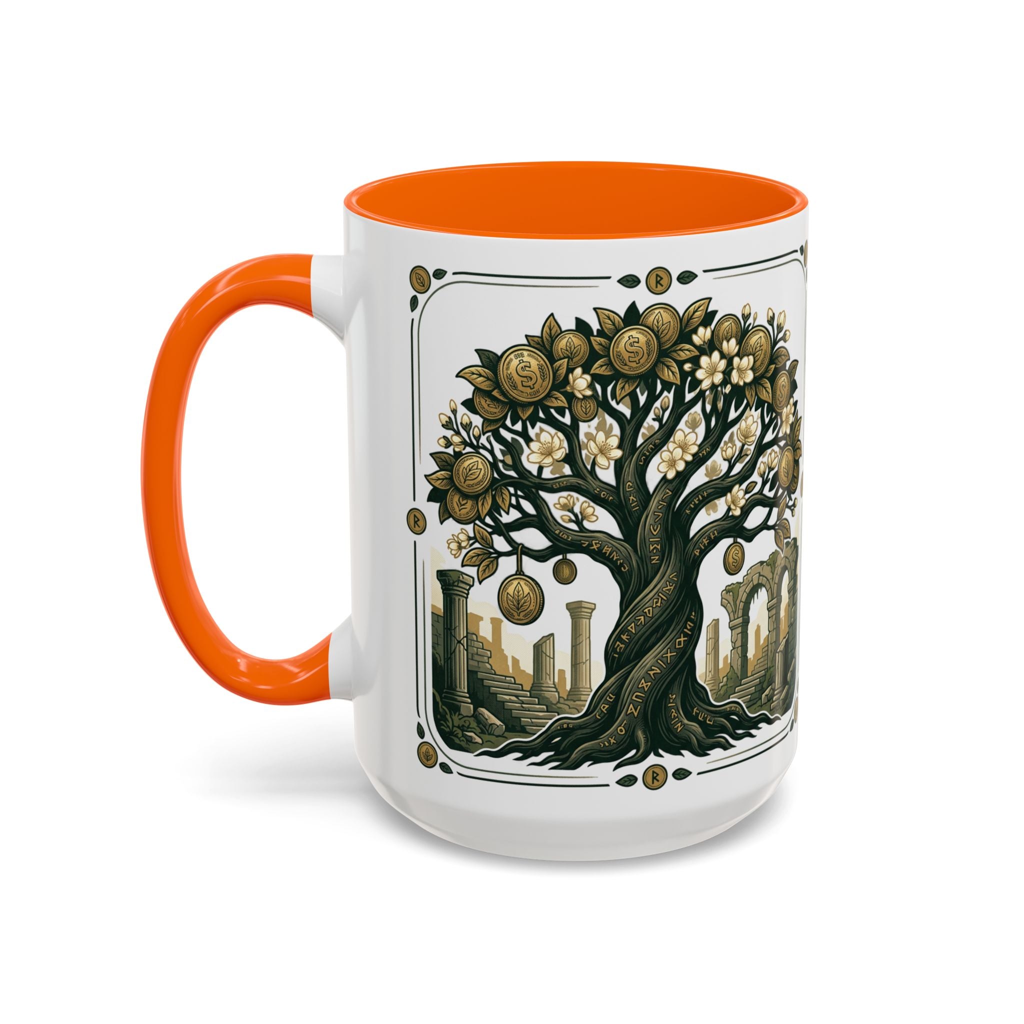 Ornate Tree of Coins Coffee Mug — Gold Ruins Accent Ceramic Mug (11/15oz)
