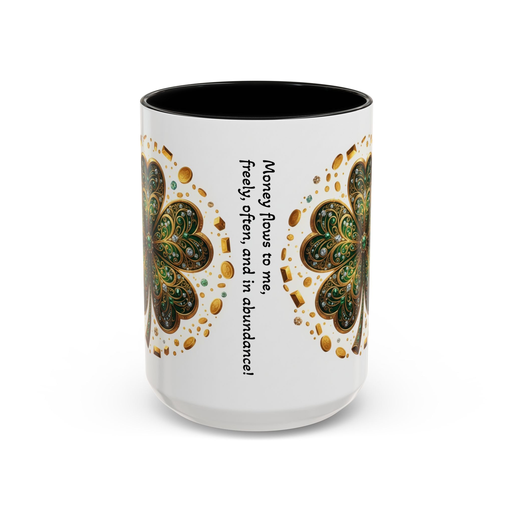 St. Patrick's Shamrock Coffee Mug — "Money Flows to Me" Lucky Charm Accent Mug
