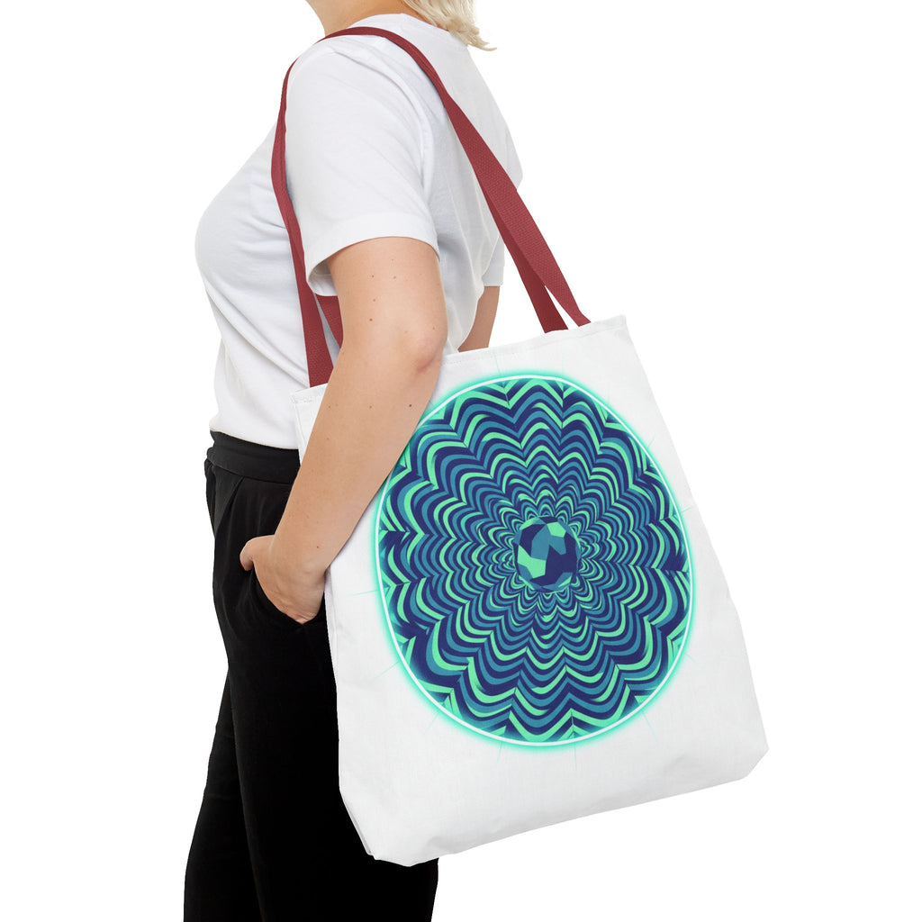 Psychedelic Mandala Tote Bag — Blue Green Optical Art All-Over Print