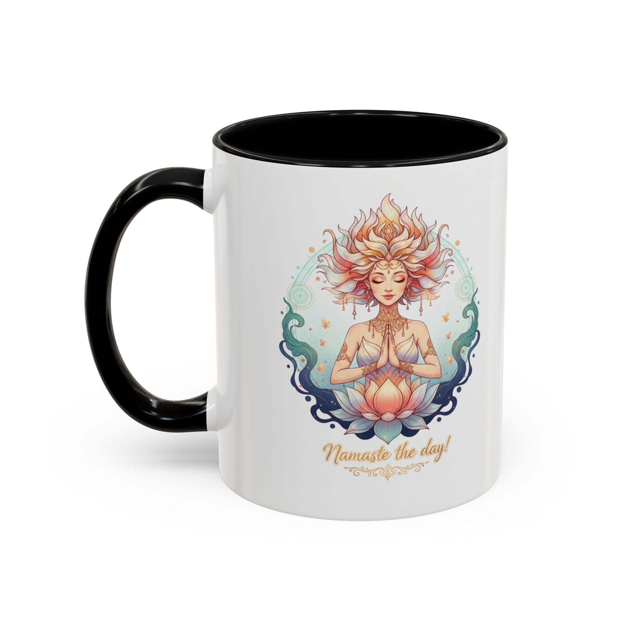 Namaste the Day Yoga Coffee Mug — Lotus Meditation Accent Mug (11/15oz)
