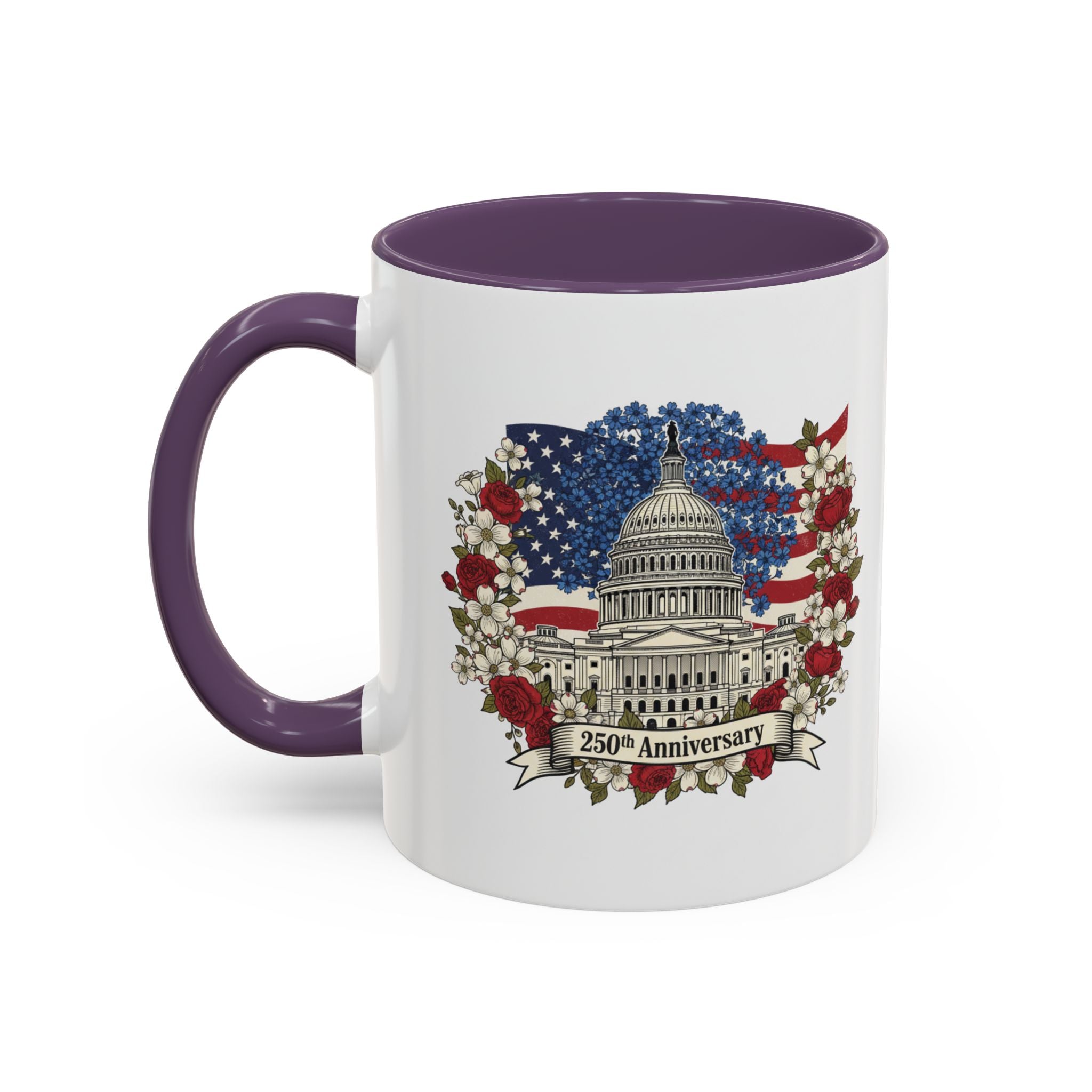 Capitol 250th Anniversary Accent Coffee Mug – Patriotic American Flag Floral Design (11/15oz)