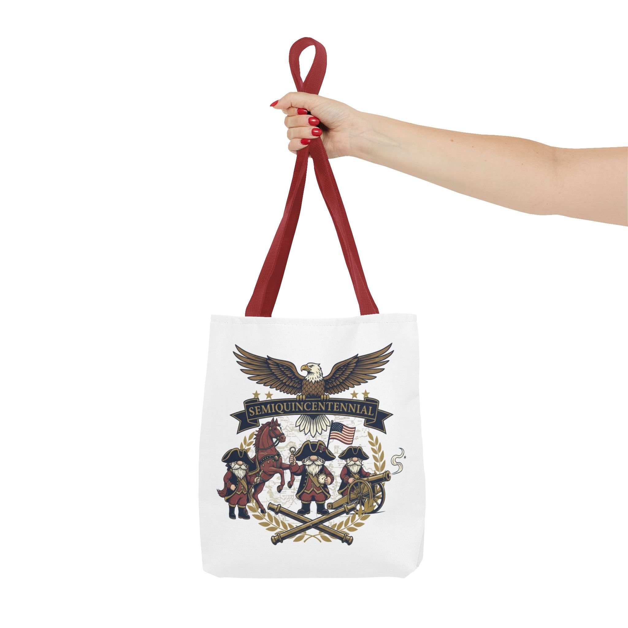 Semiquincentennial Patriotic Tote Bag — Eagle, Colonial Soldiers & Flags All-Over Print