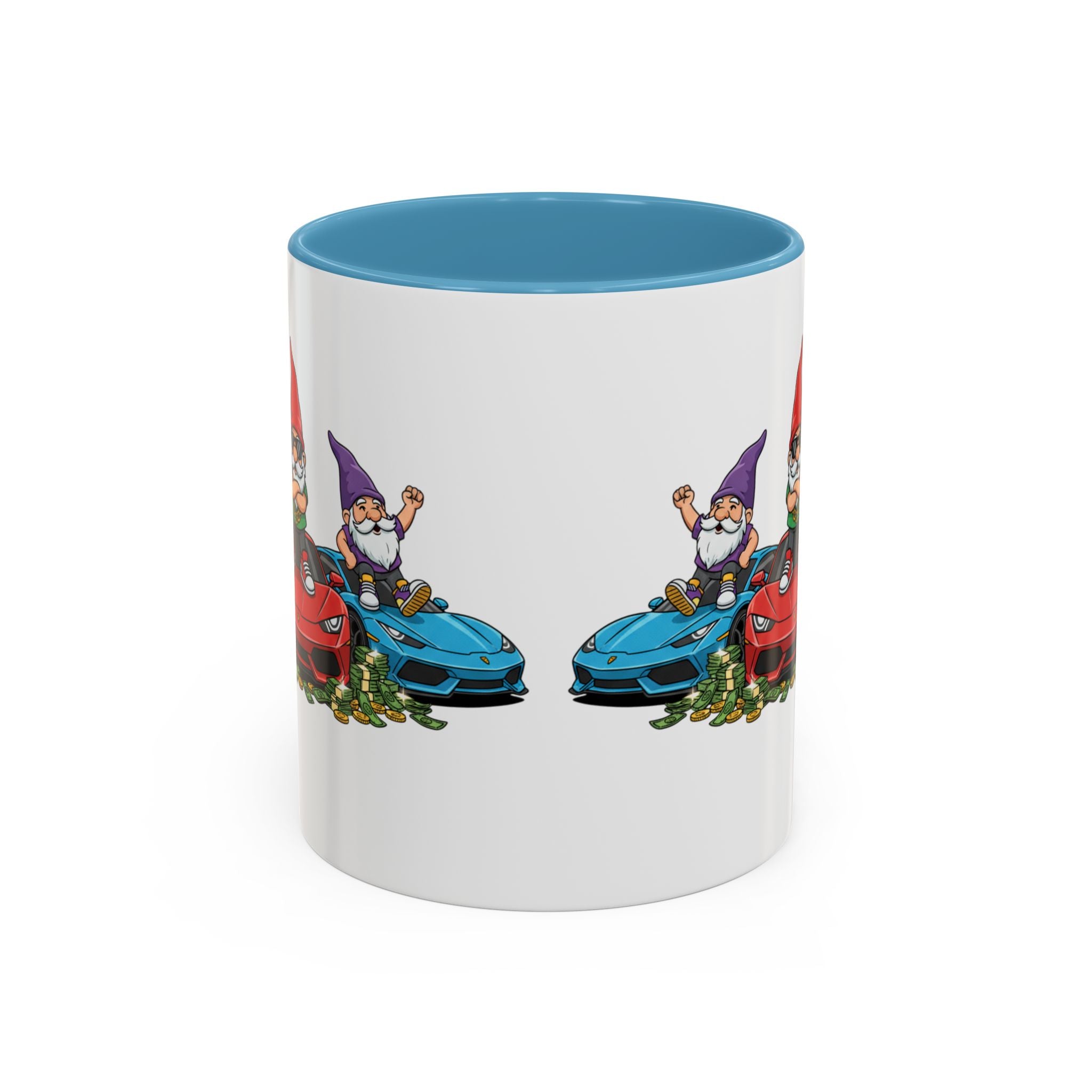 Gnome Car Crew Accent Coffee Mug — Racing Gnomes with Sports Cars (11/15oz)