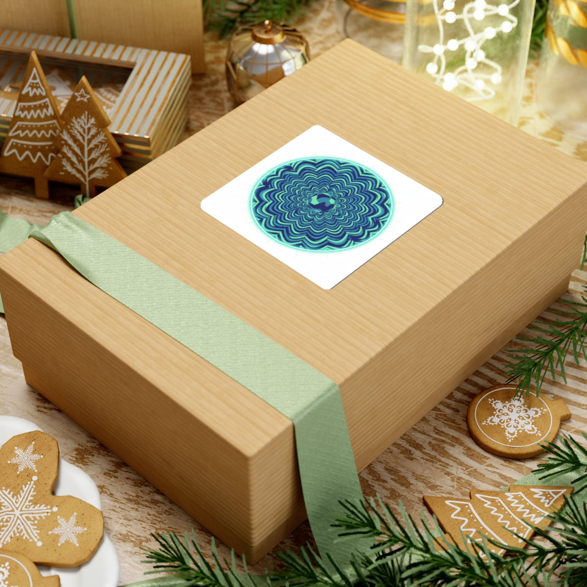 Psychedelic Mandala Circle Sticker — Teal Optical Illusion Kiss-Cut