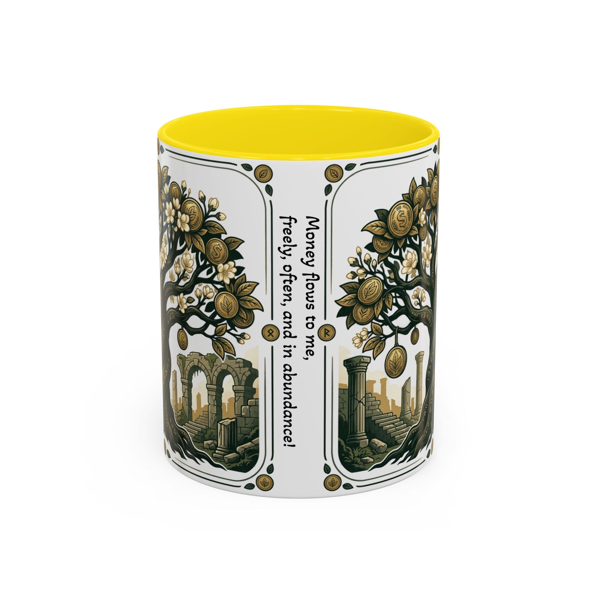Ornate Tree of Coins Coffee Mug — Gold Ruins Accent Ceramic Mug (11/15oz)