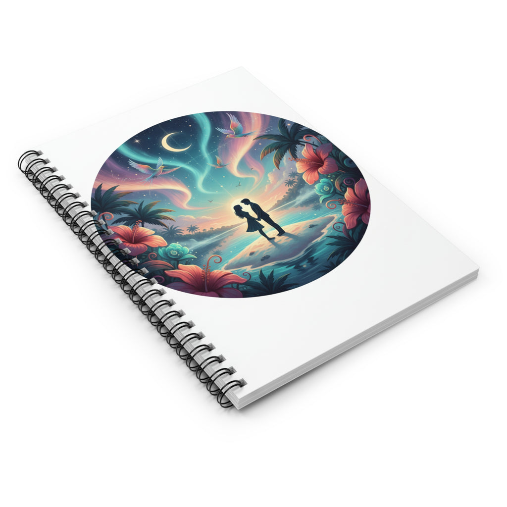 Romantic Beach Night Spiral Notebook — Couple Silhouette Under Crescent Moon