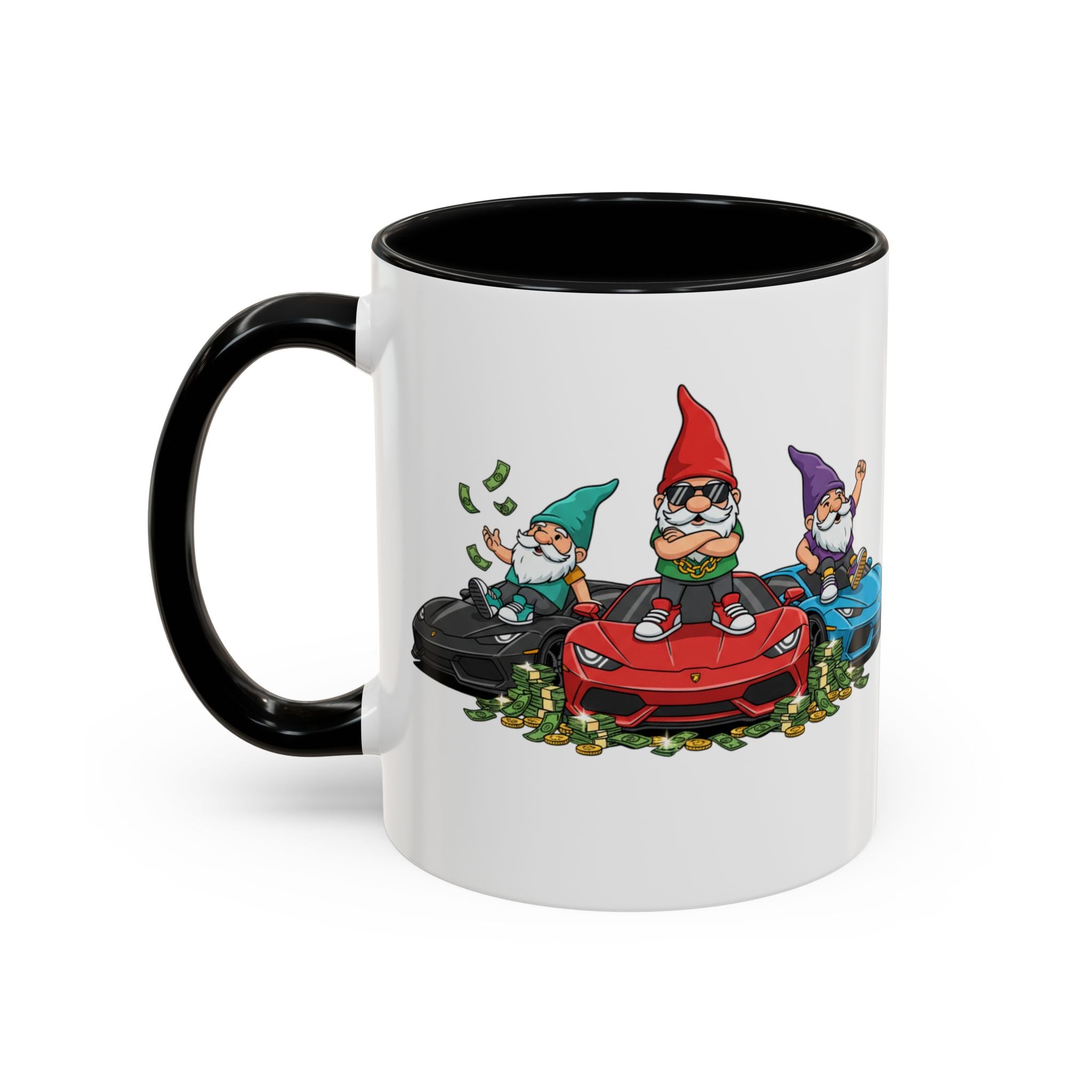 Gnome Car Crew Accent Coffee Mug — Racing Gnomes with Sports Cars (11/15oz)