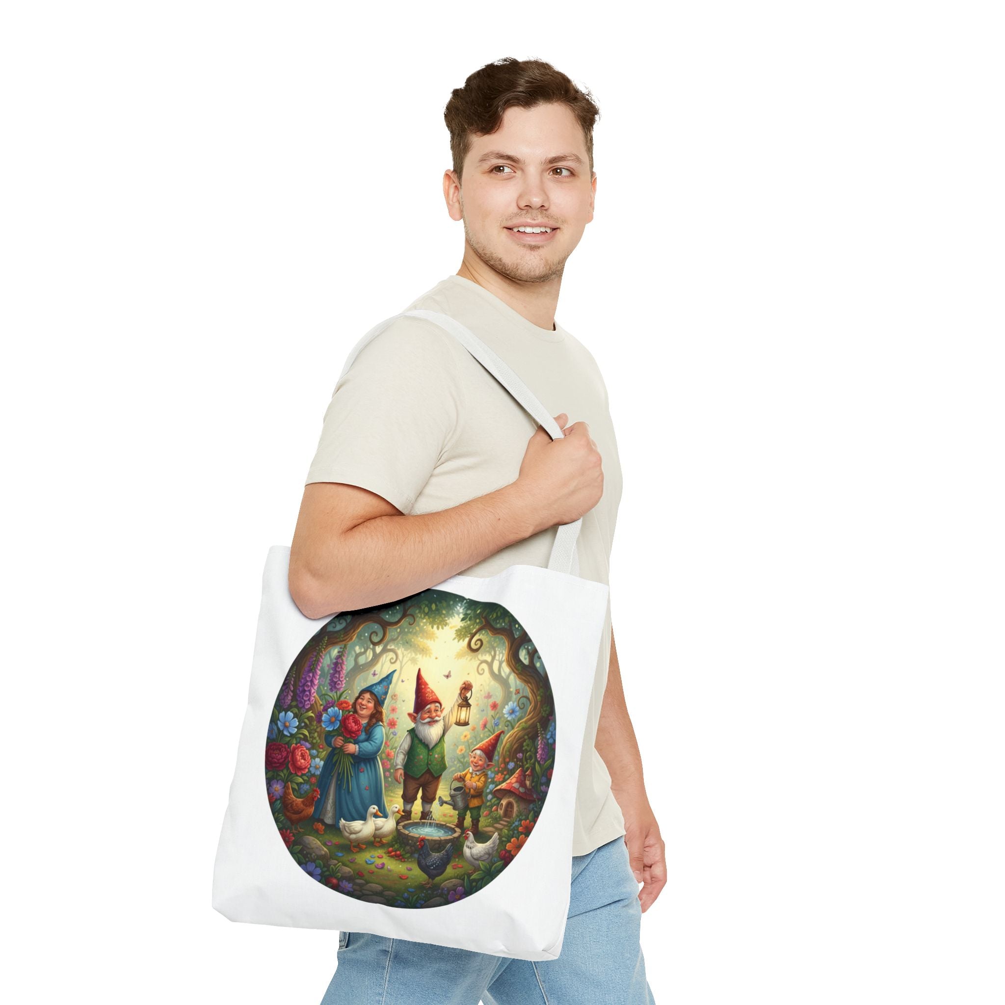 Gnome Garden Tote Bag — Whimsical Fairy Tale Circle Art
