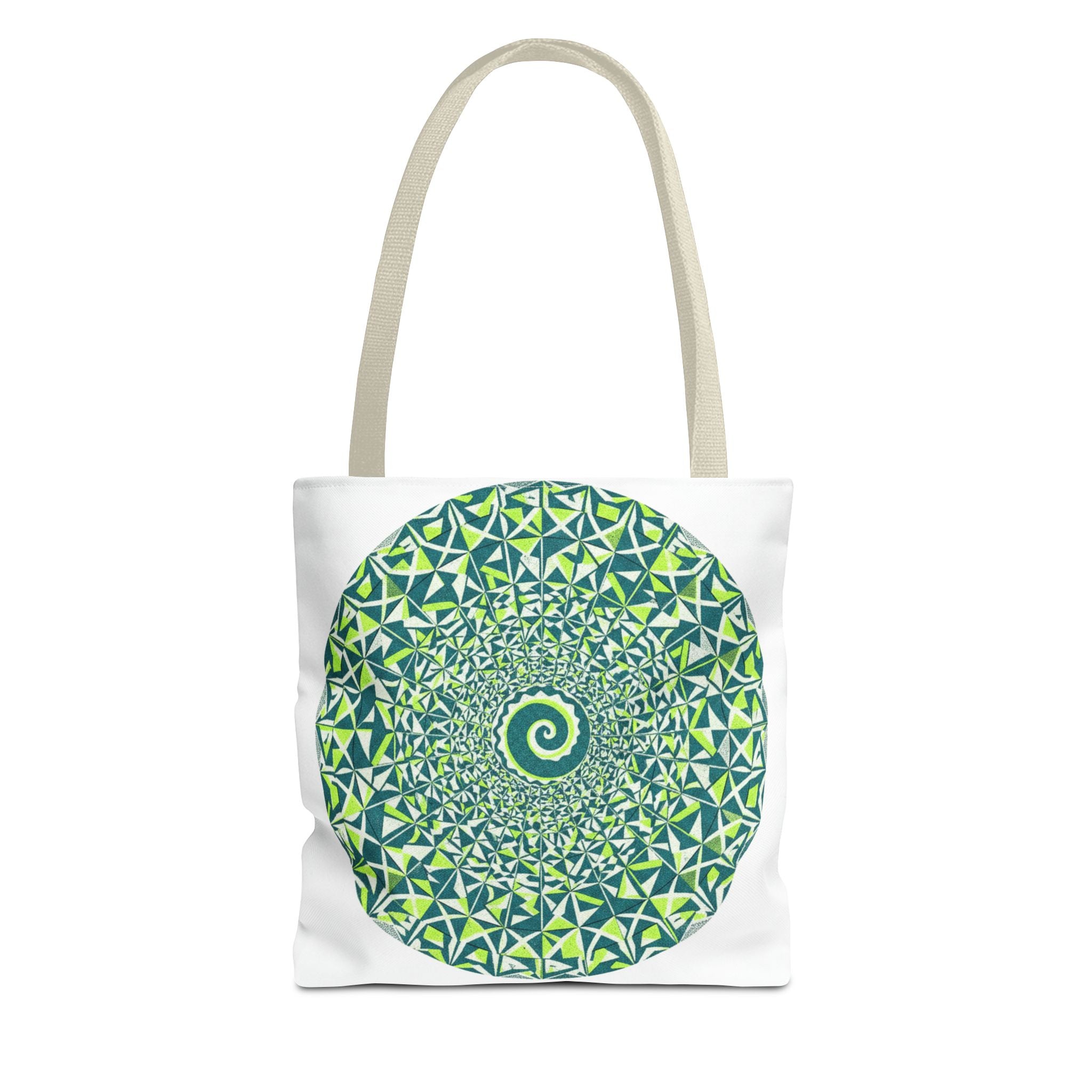 Spiral Mandala Tote Bag — Green Geometric All-Over Print Tote