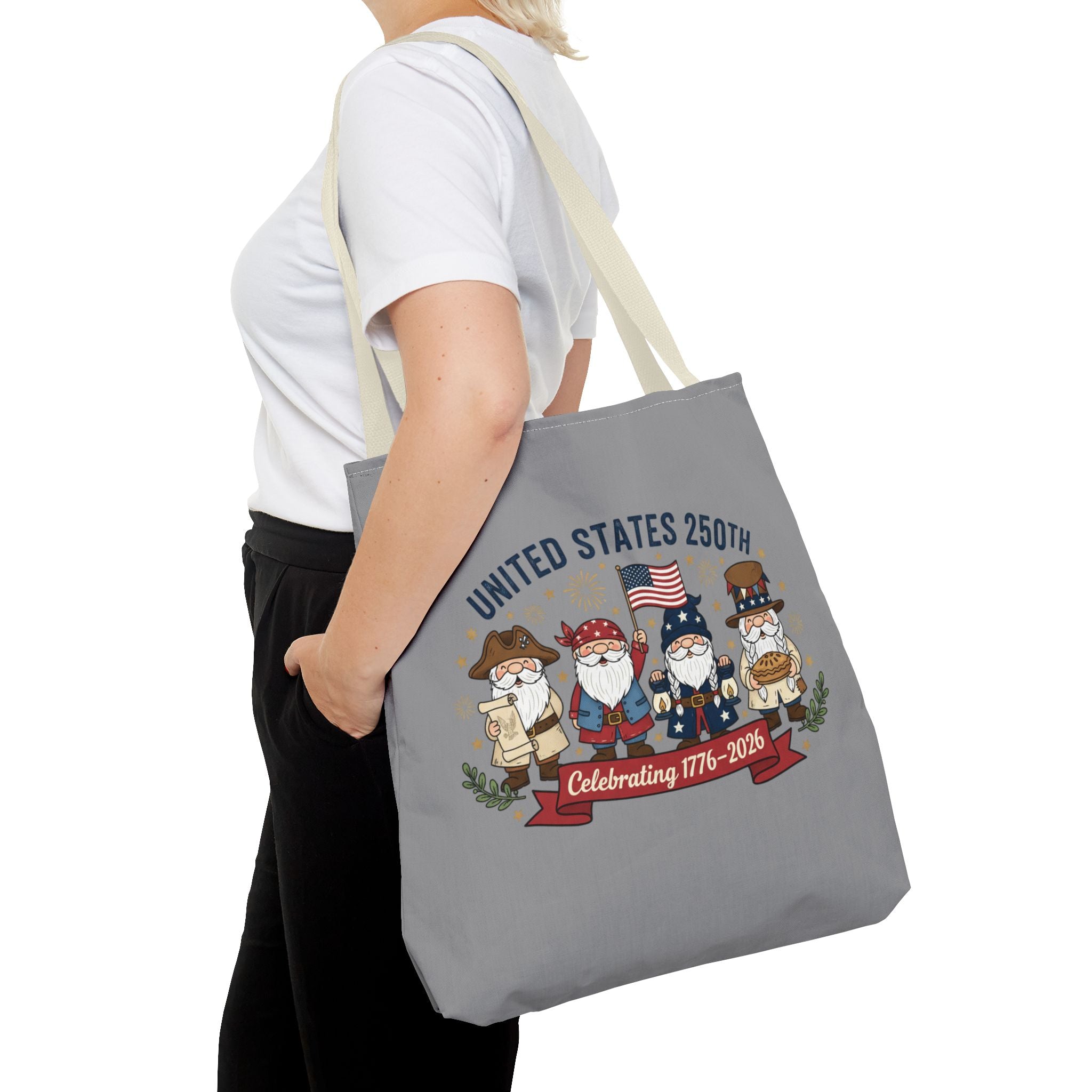 United States 250th Tote Bag — Celebrating 1776–2026 Patriotic Gnome Design