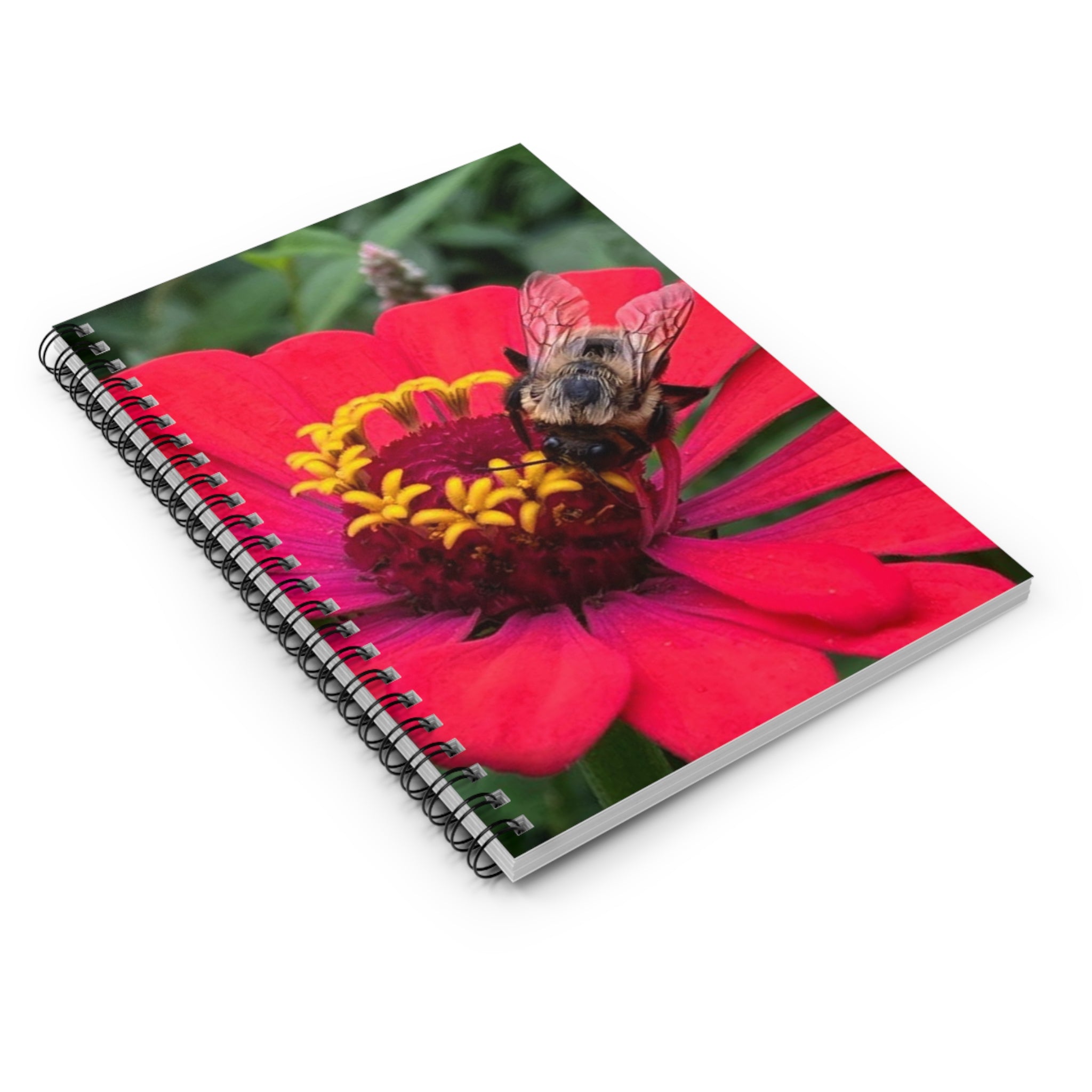 Bee on Red Zinnia Spiral Notebook — Ruled Journal for Nature Lovers