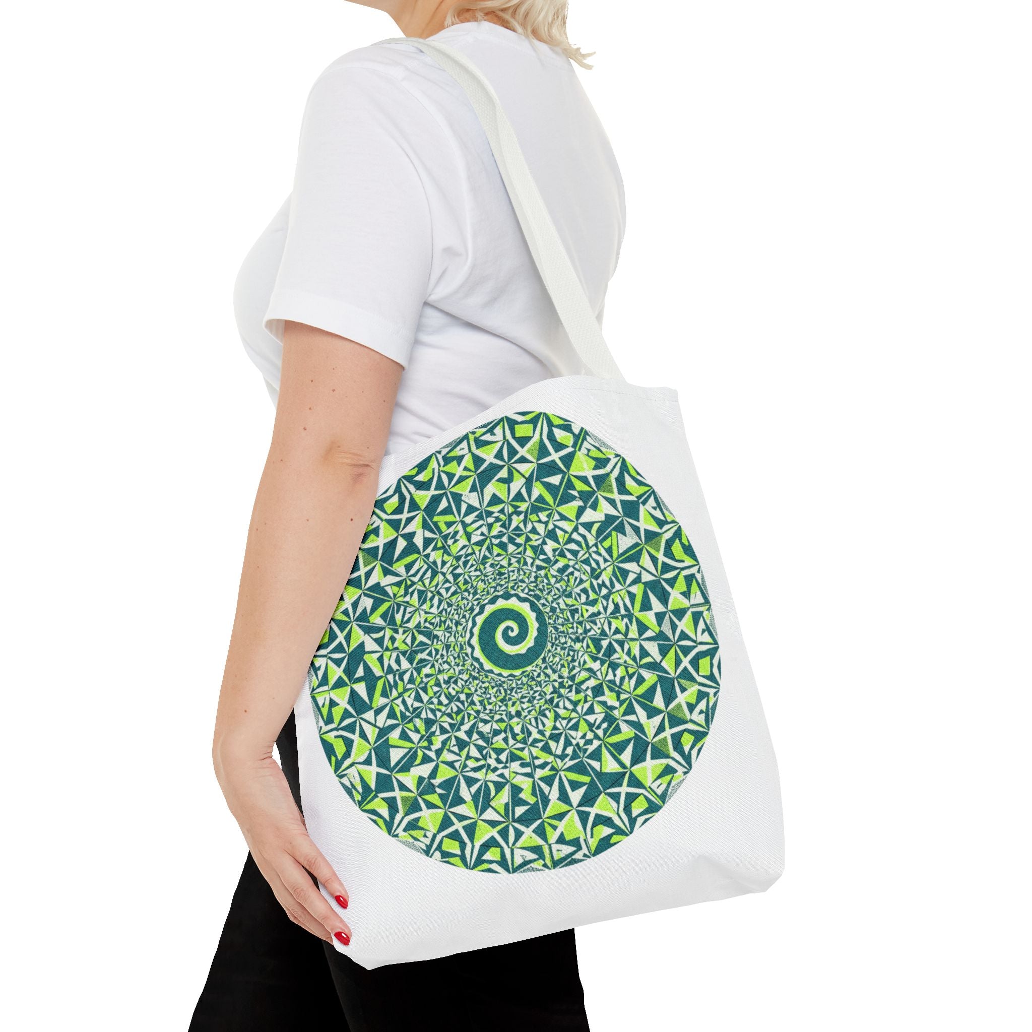 Spiral Mandala Tote Bag — Green Geometric All-Over Print Tote