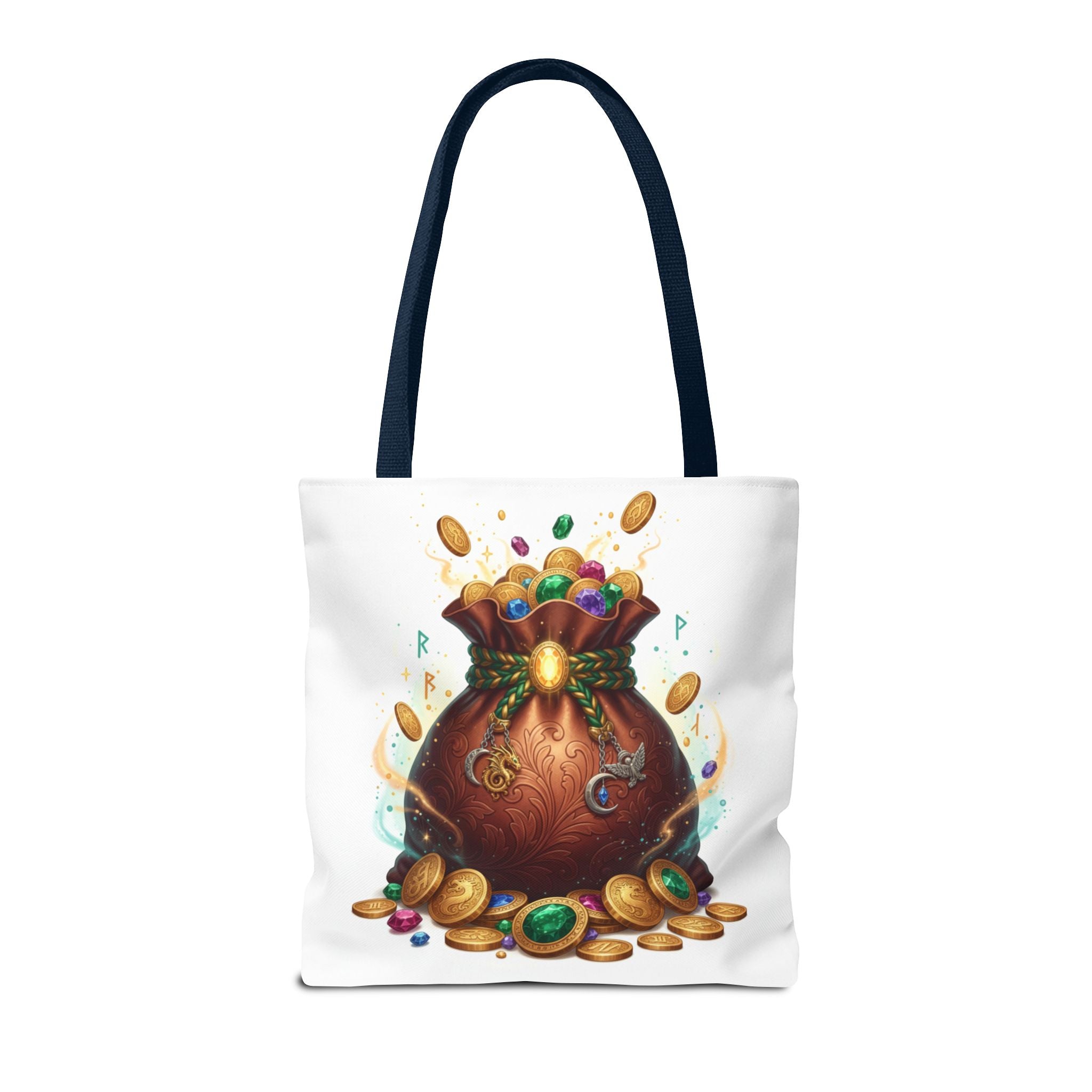 Treasure Pouch Tote Bag — Colorful Gem & Gold Coin All-Over Print Tote