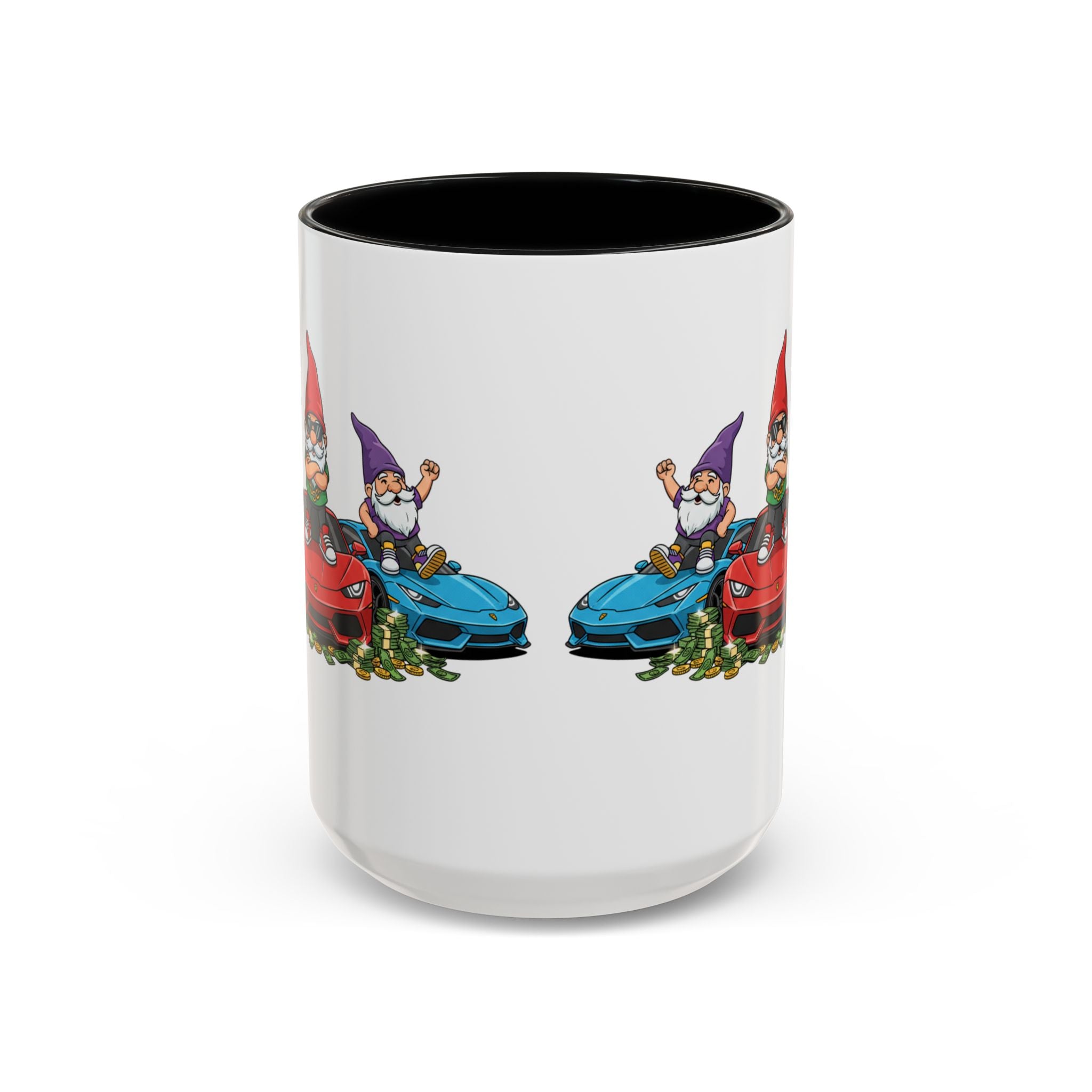 Gnome Car Crew Accent Coffee Mug — Racing Gnomes with Sports Cars (11/15oz)