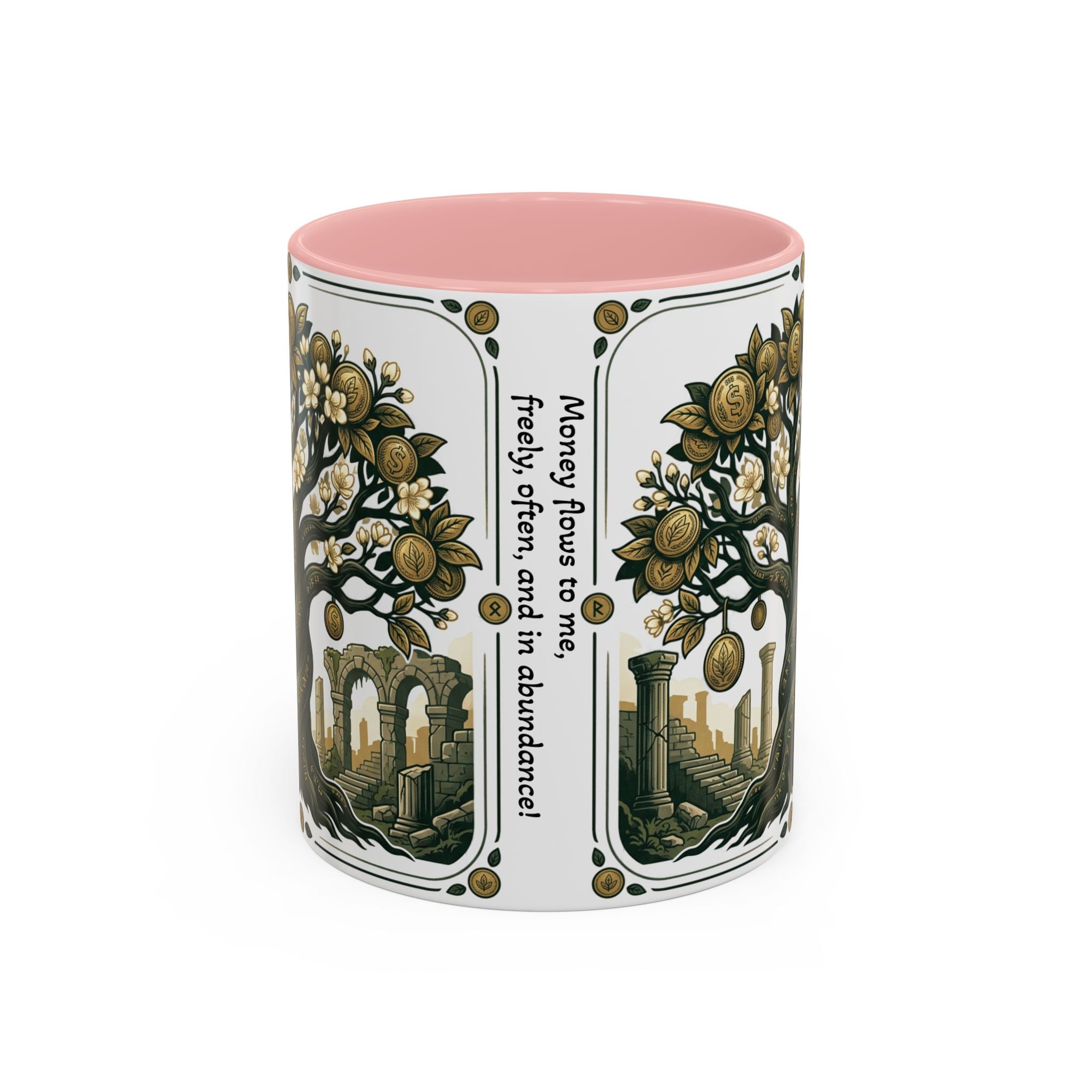 Ornate Tree of Coins Coffee Mug — Gold Ruins Accent Ceramic Mug (11/15oz)