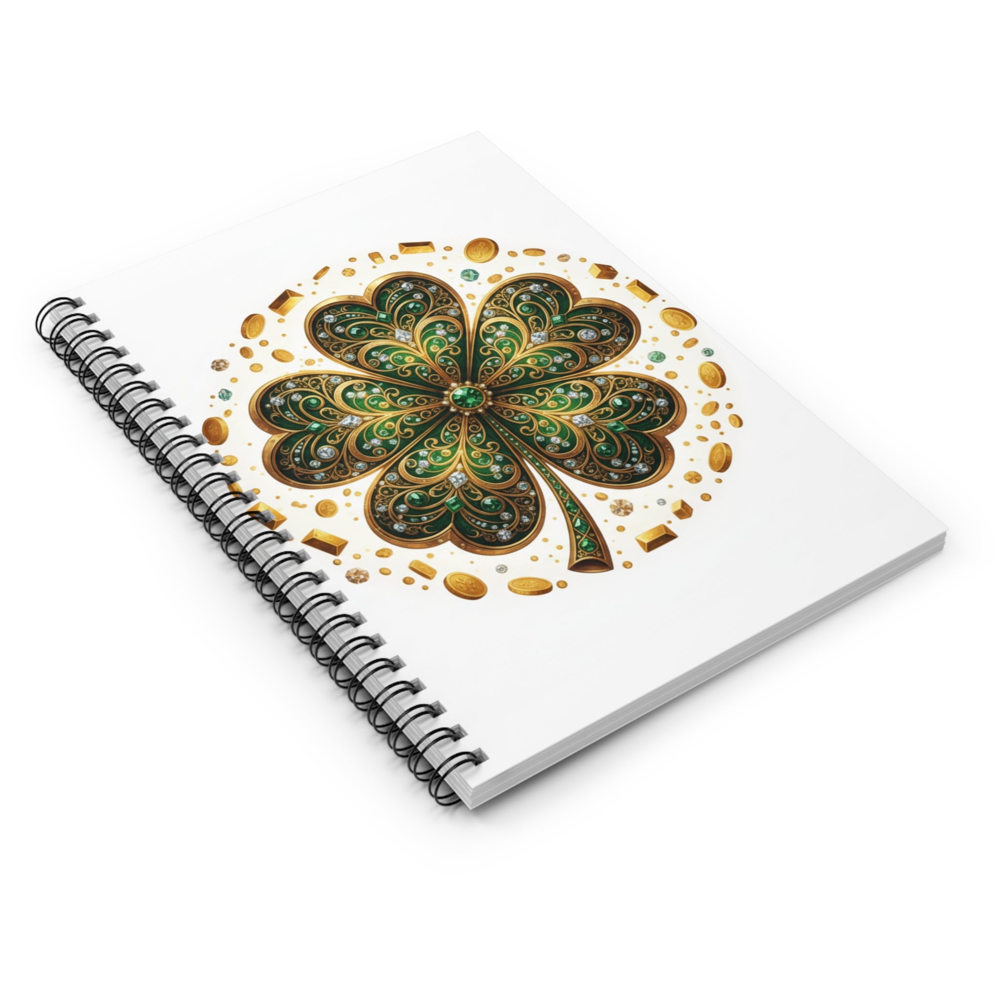 Celtic Four-Leaf Clover Spiral Notebook — Green Gold Lucky Journal