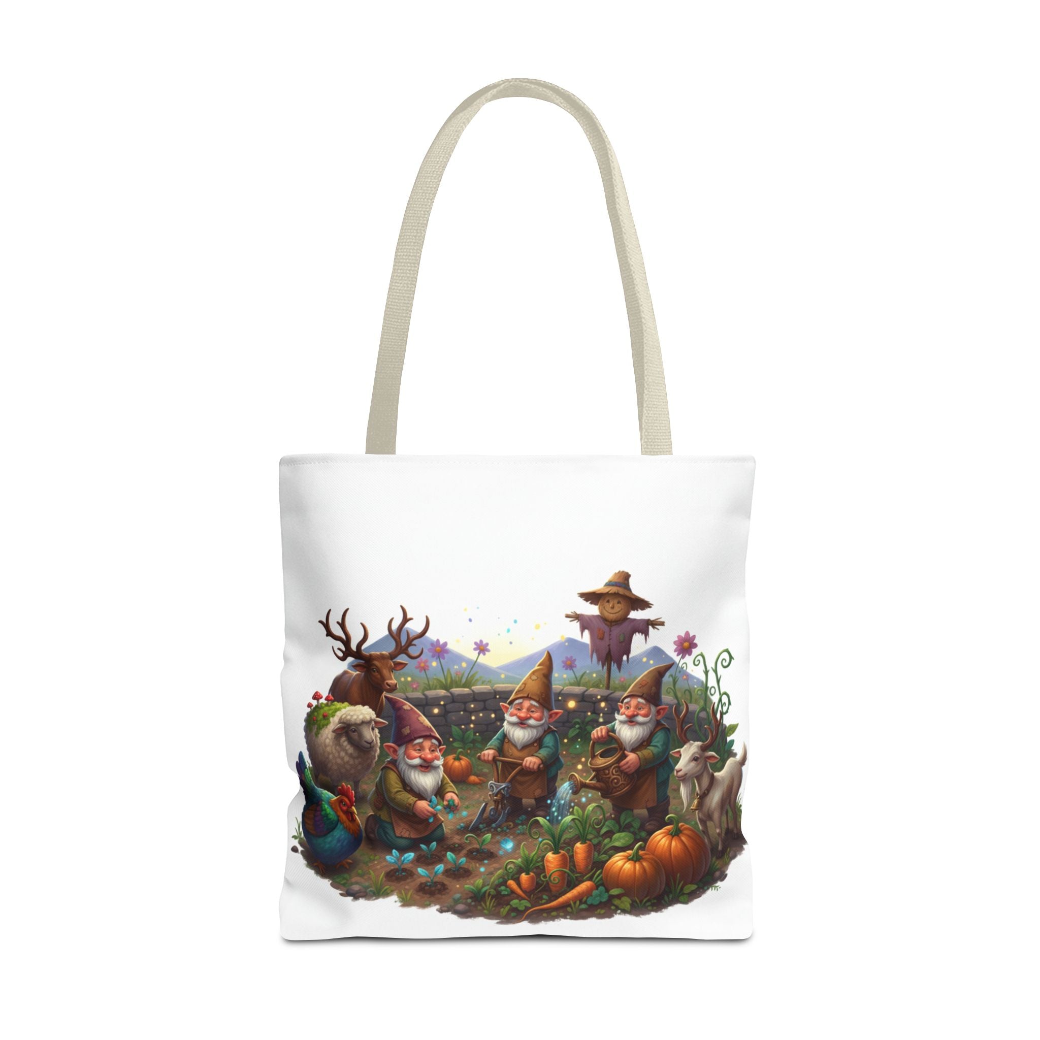 Gnome Garden Tote Bag — Whimsical Gnome & Pumpkin Illustration AOP Tote