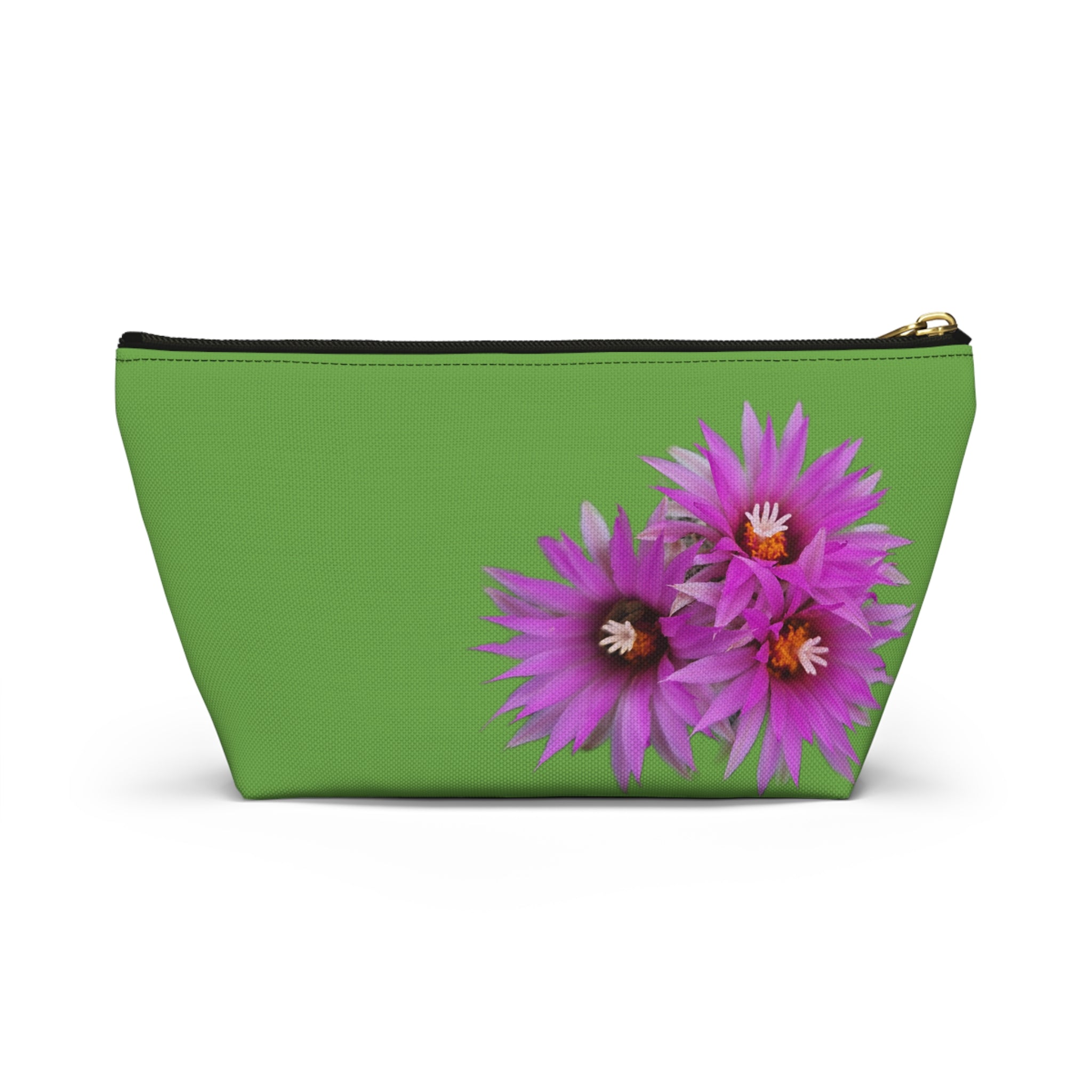 Floral Accessory Pouch — Pink Cactus Flowers on Green Makeup Bag