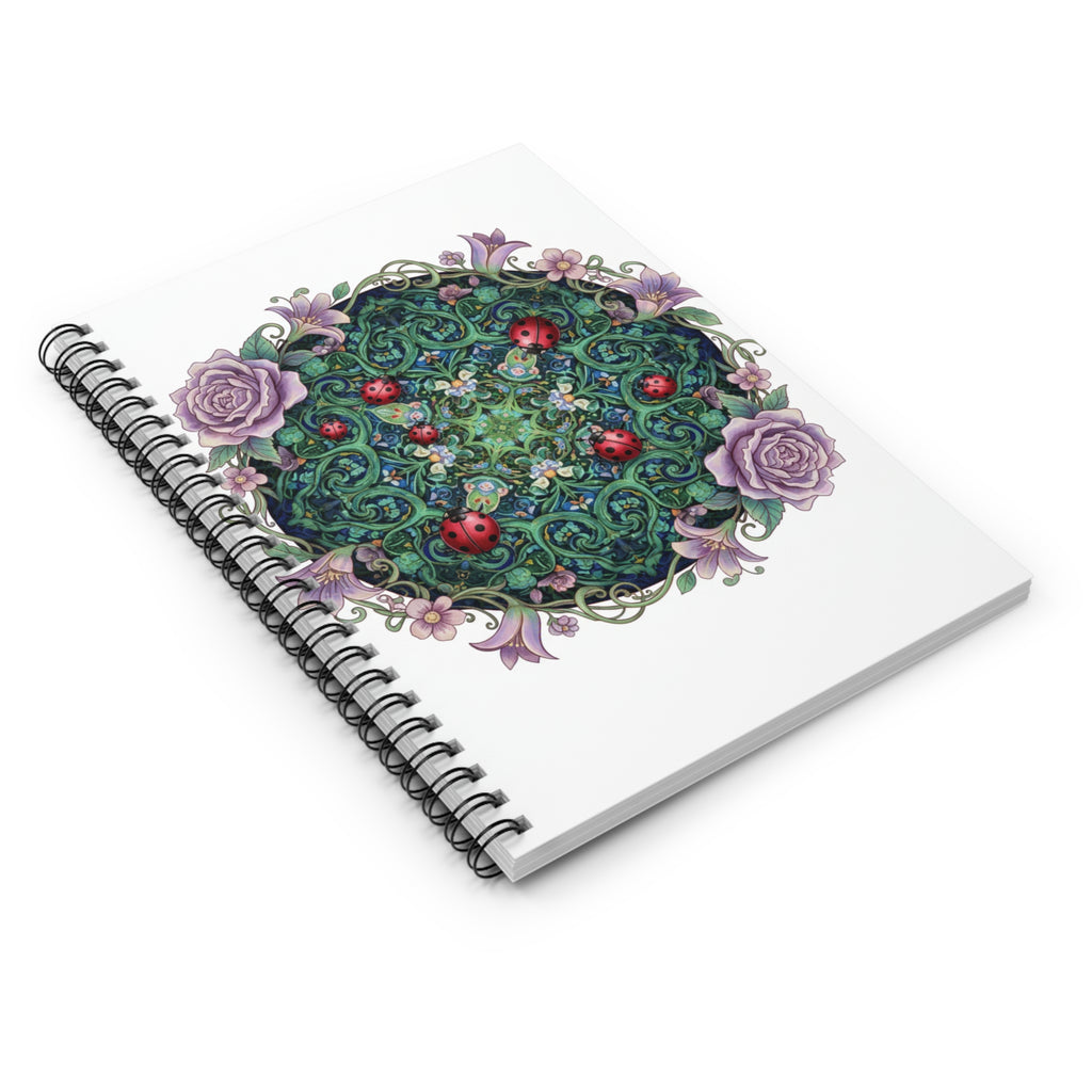 Floral Mandala Spiral Notebook — Garden Rose Ladybug Ruled Journal