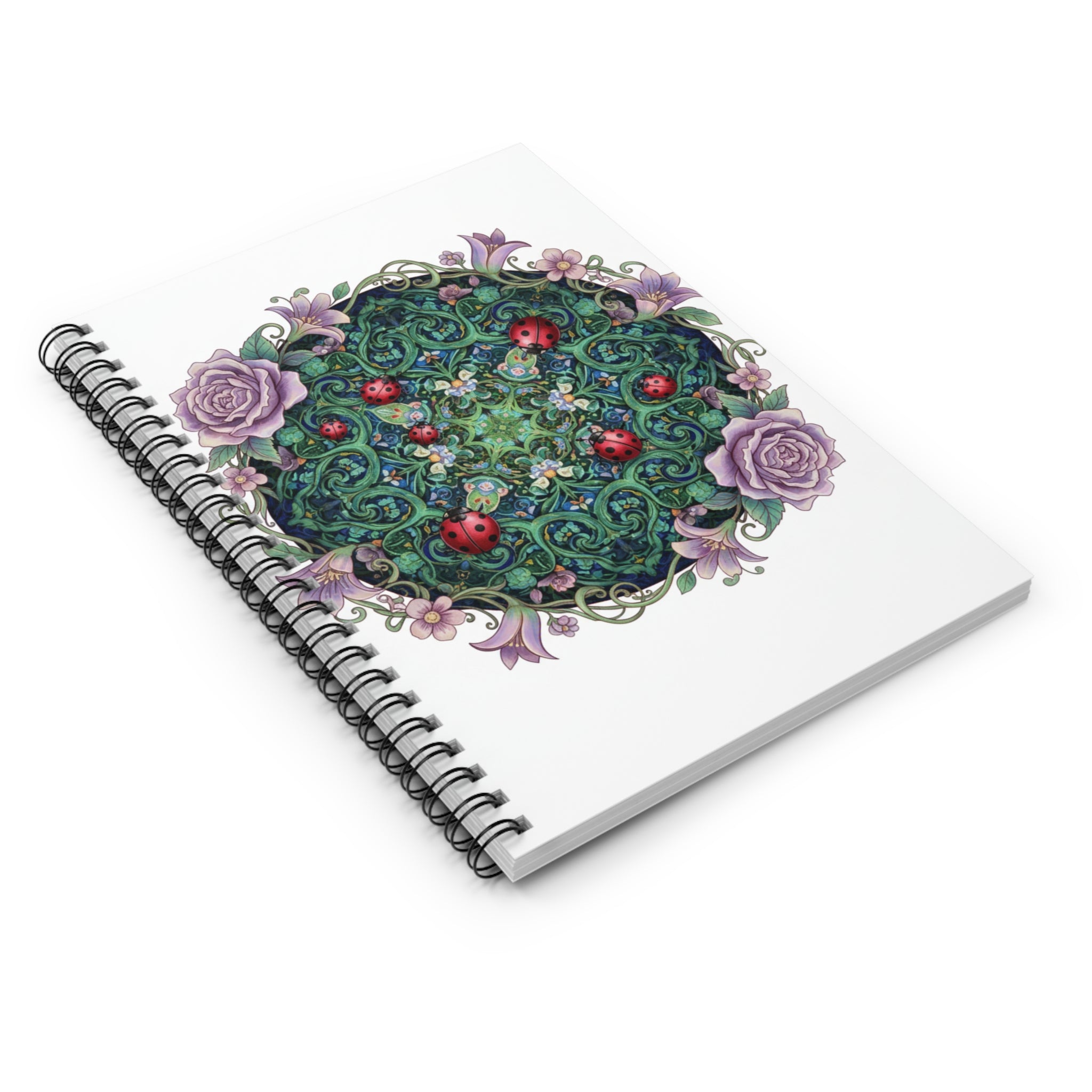 Floral Mandala Spiral Notebook — Garden Rose Ladybug Ruled Journal