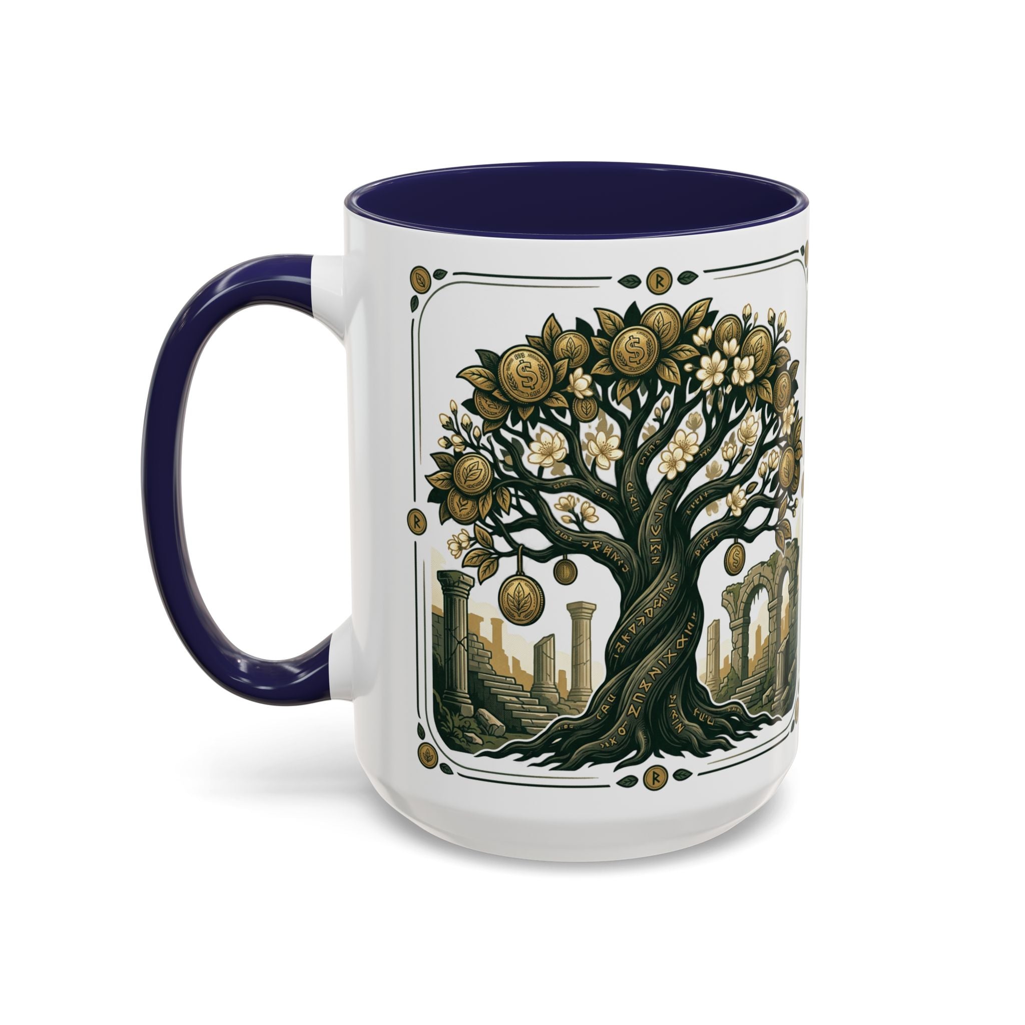 Ornate Tree of Coins Coffee Mug — Gold Ruins Accent Ceramic Mug (11/15oz)
