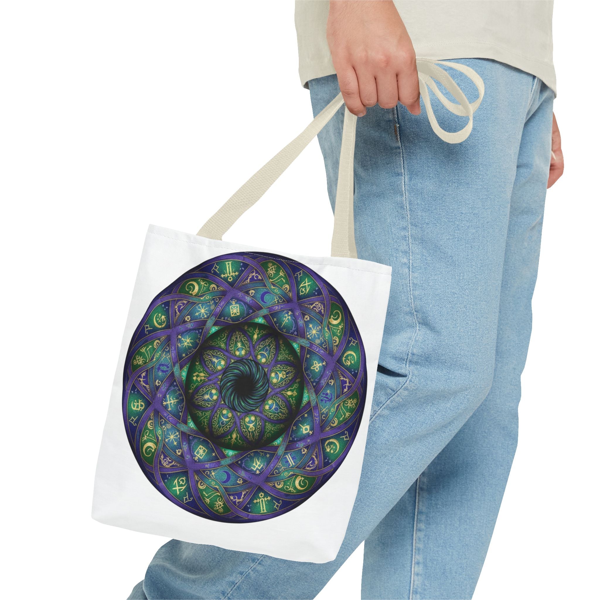 Mystic Mandala Tote Bag — Purple Green Spiral All-Over Print
