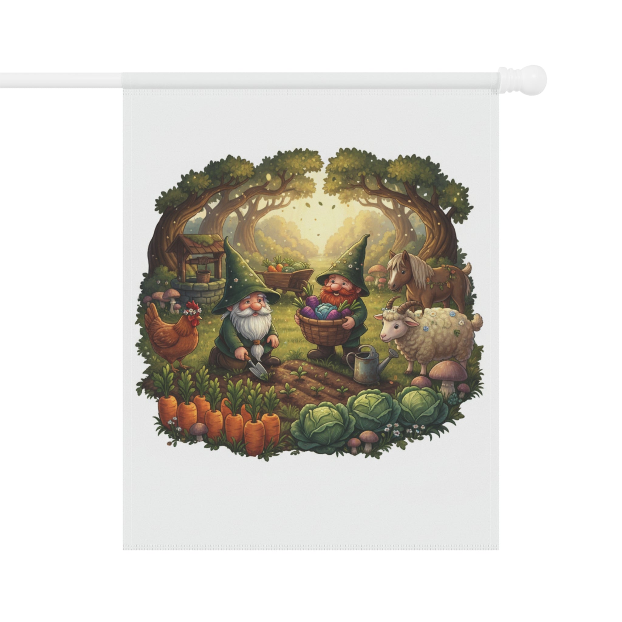 Whimsical Garden Gnomes Garden Flag — Cottage Farm Animals Yard Banner