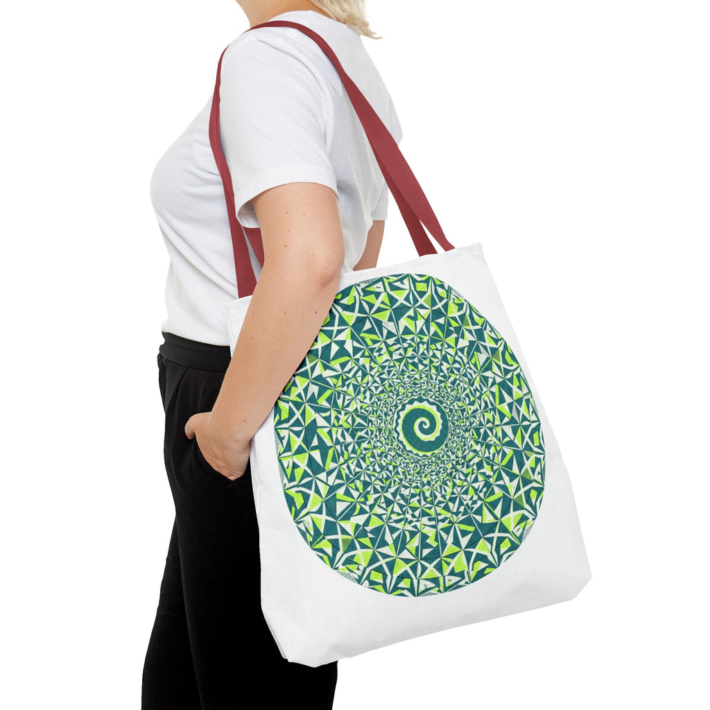 Spiral Mandala Tote Bag — Green Geometric All-Over Print Tote