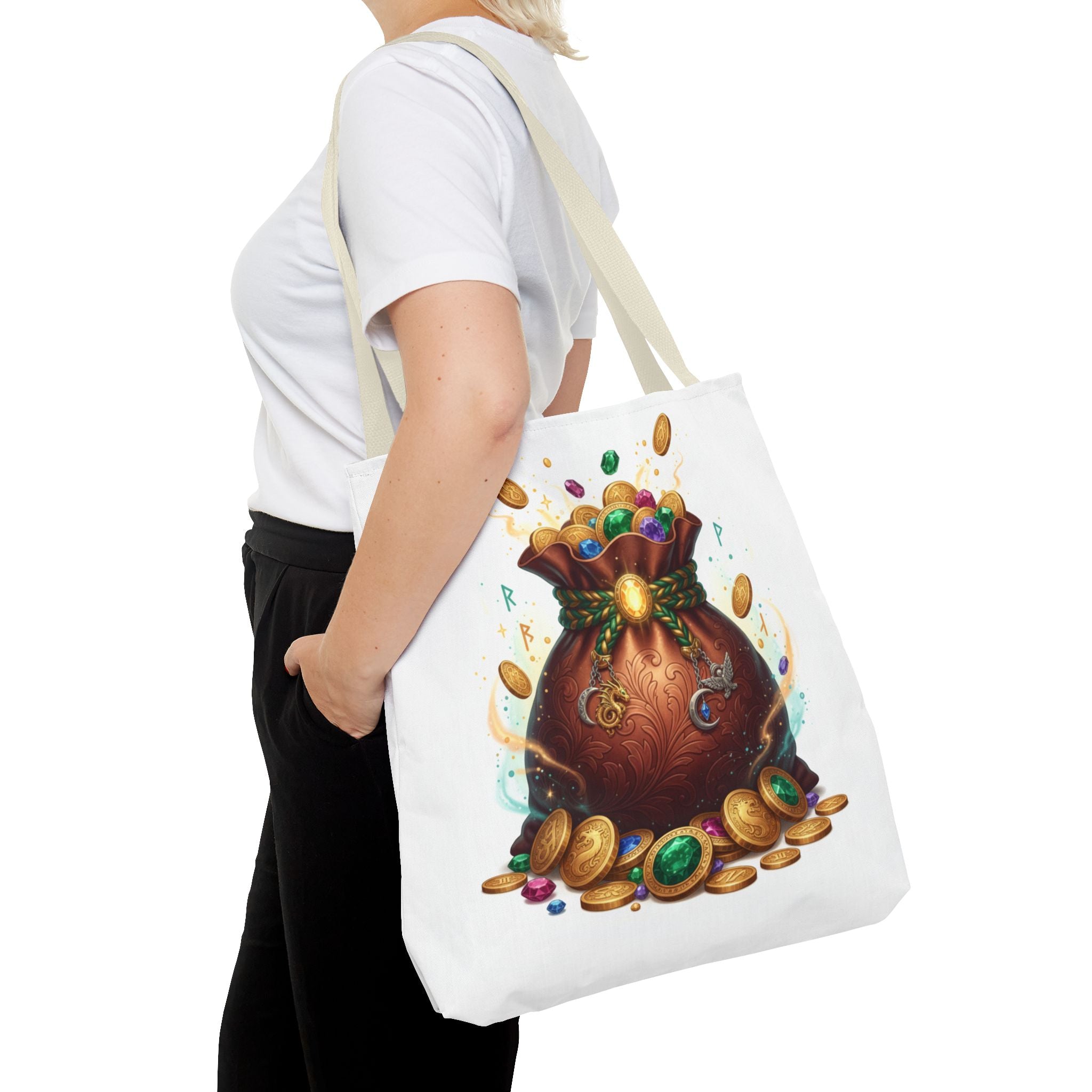 Treasure Pouch Tote Bag — Colorful Gem & Gold Coin All-Over Print Tote