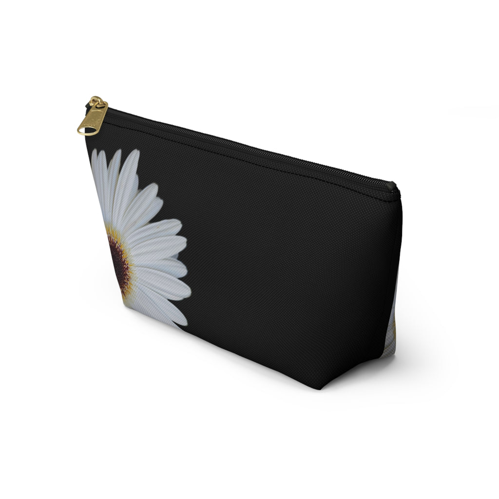 Daisy Floral Accessory Pouch — Black T‑Bottom Makeup Bag