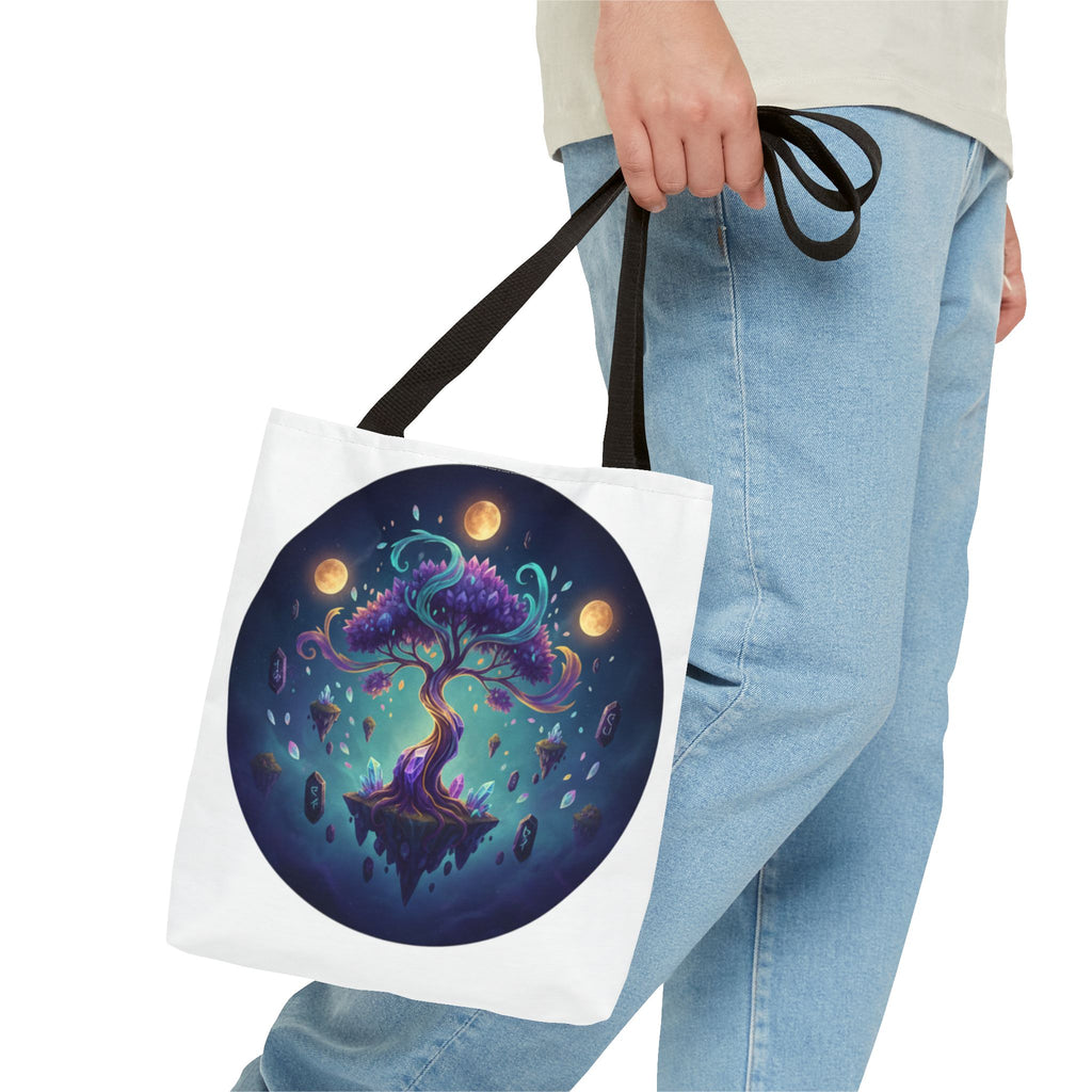 Mystic Floating Tree Tote Bag — Cosmic Moonlight Illustration All-Over Print