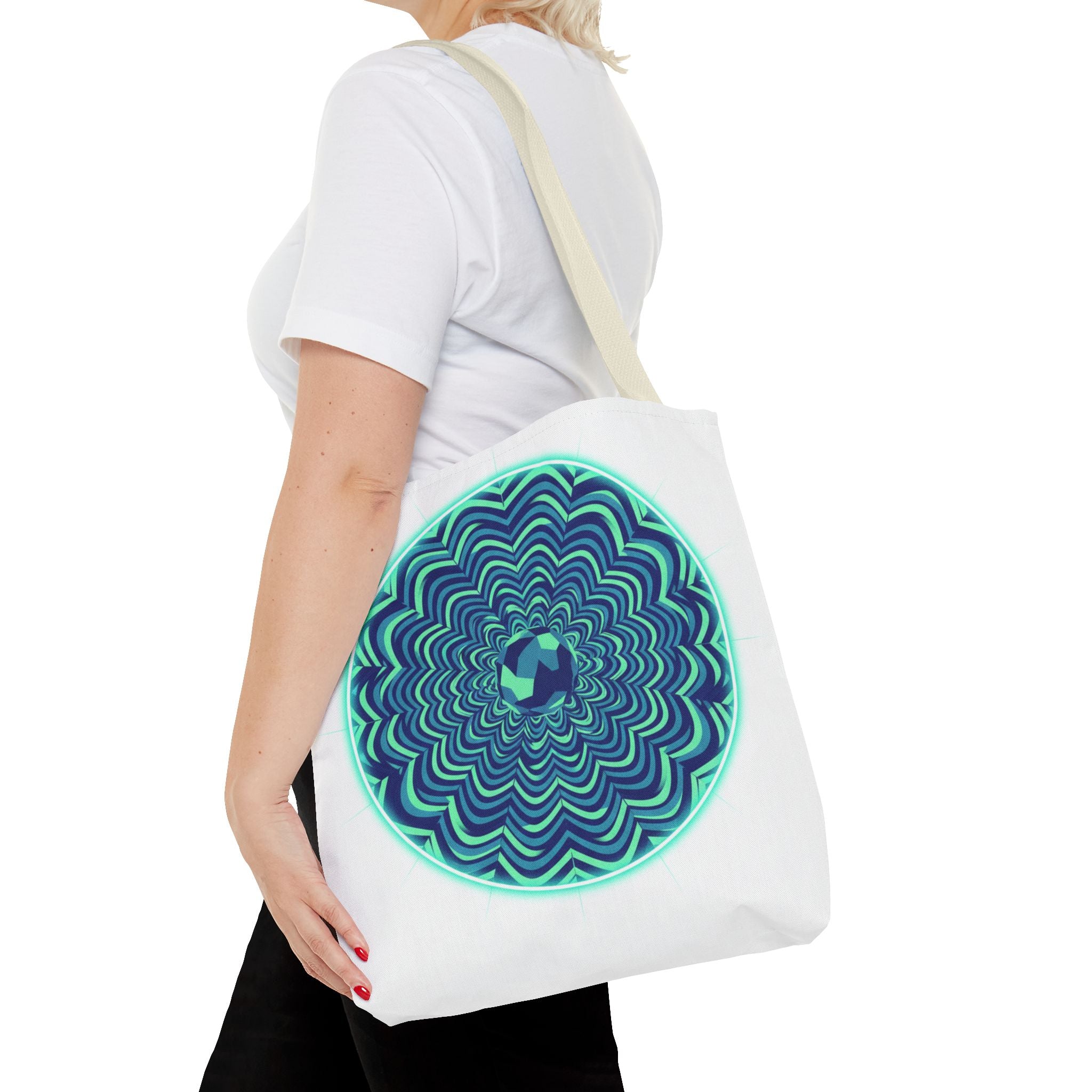 Psychedelic Mandala Tote Bag — Blue Green Optical Art All-Over Print
